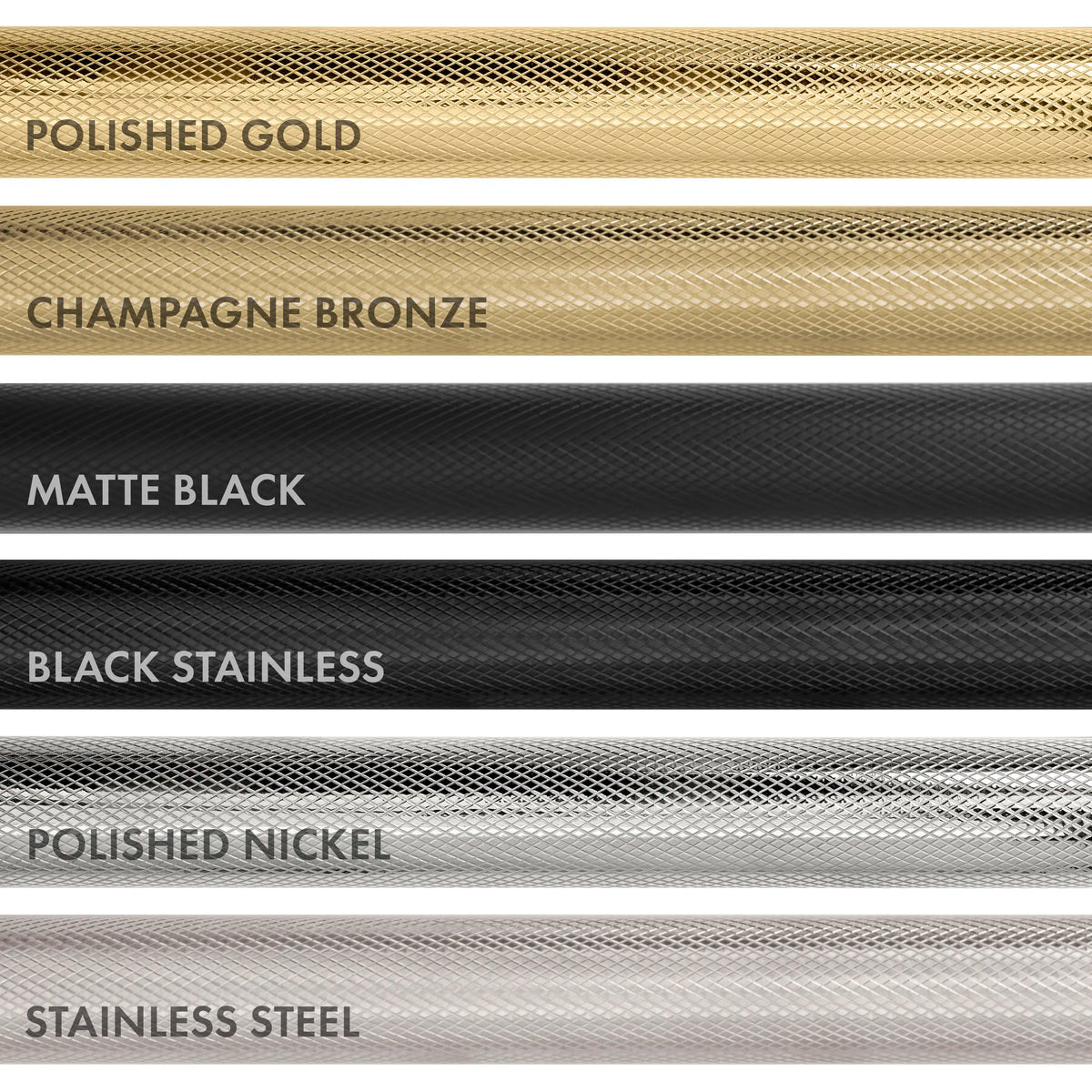 Finish options swatch strip: Polished Gold, Champagne Bronze, Matte Black, Stainless