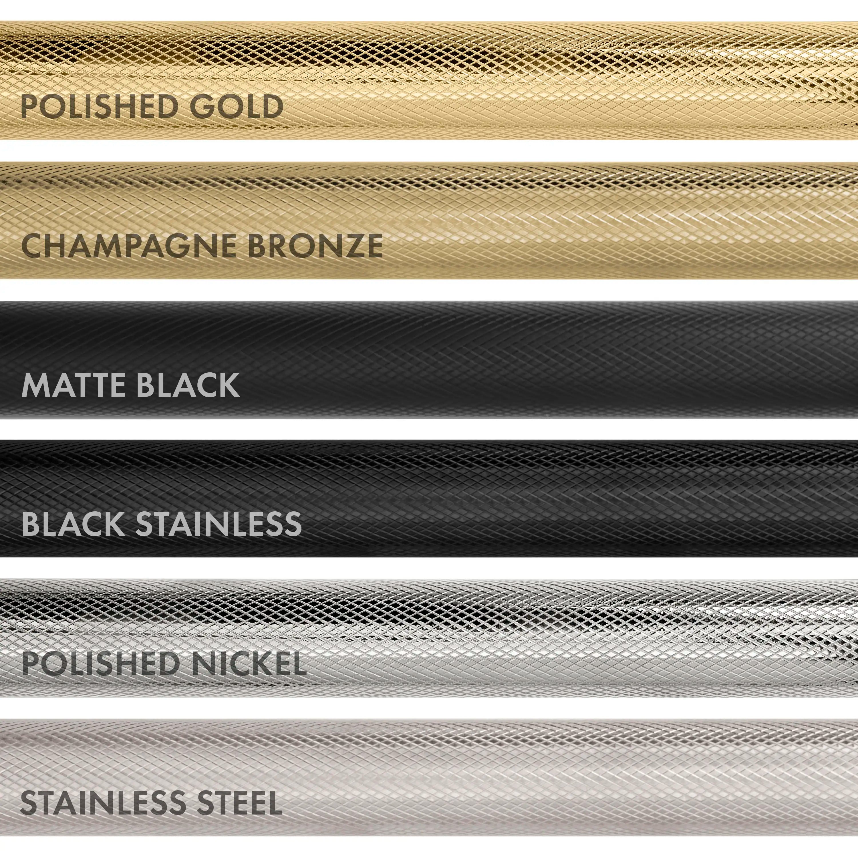 Induction range finish swatch options: polished gold, champagne bronze, matte black, more.