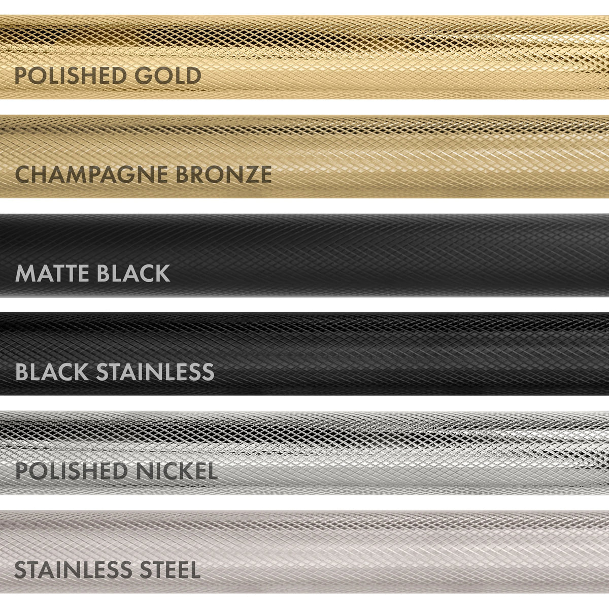 Metal finish swatch panel showing matte black, stainless, and gold-toned options