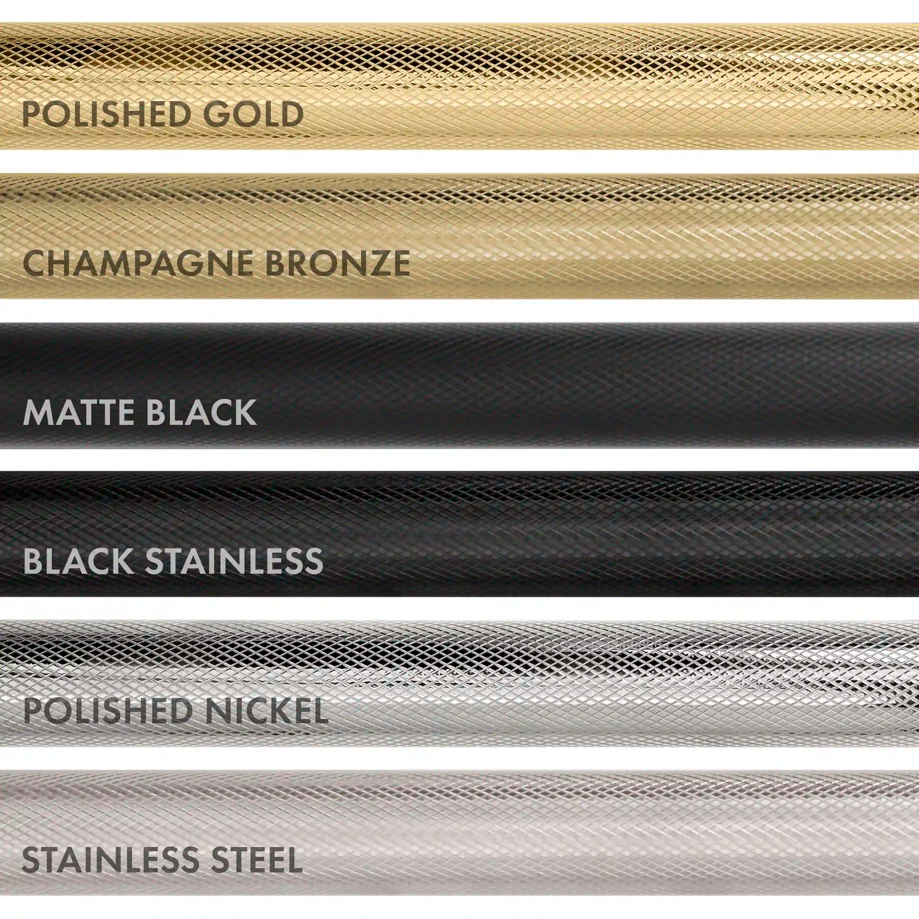 Range finish color swatches: polished gold, champagne bronze, matte black, black stainless
