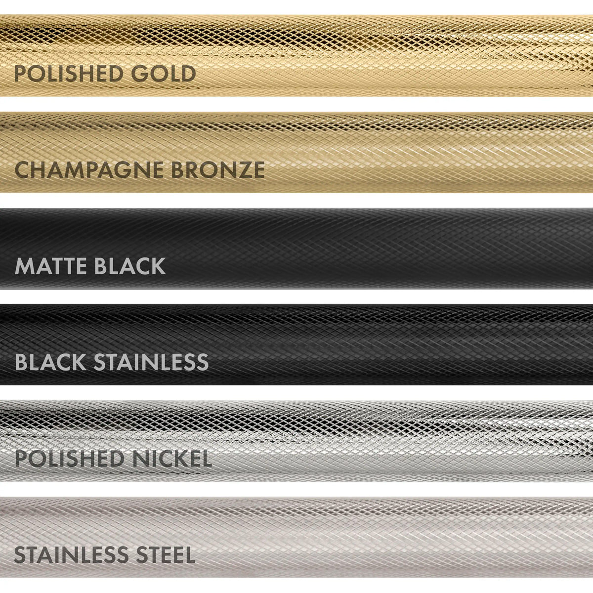 Metal finish sample strip: polished gold, bronze, matte black, stainless steel.