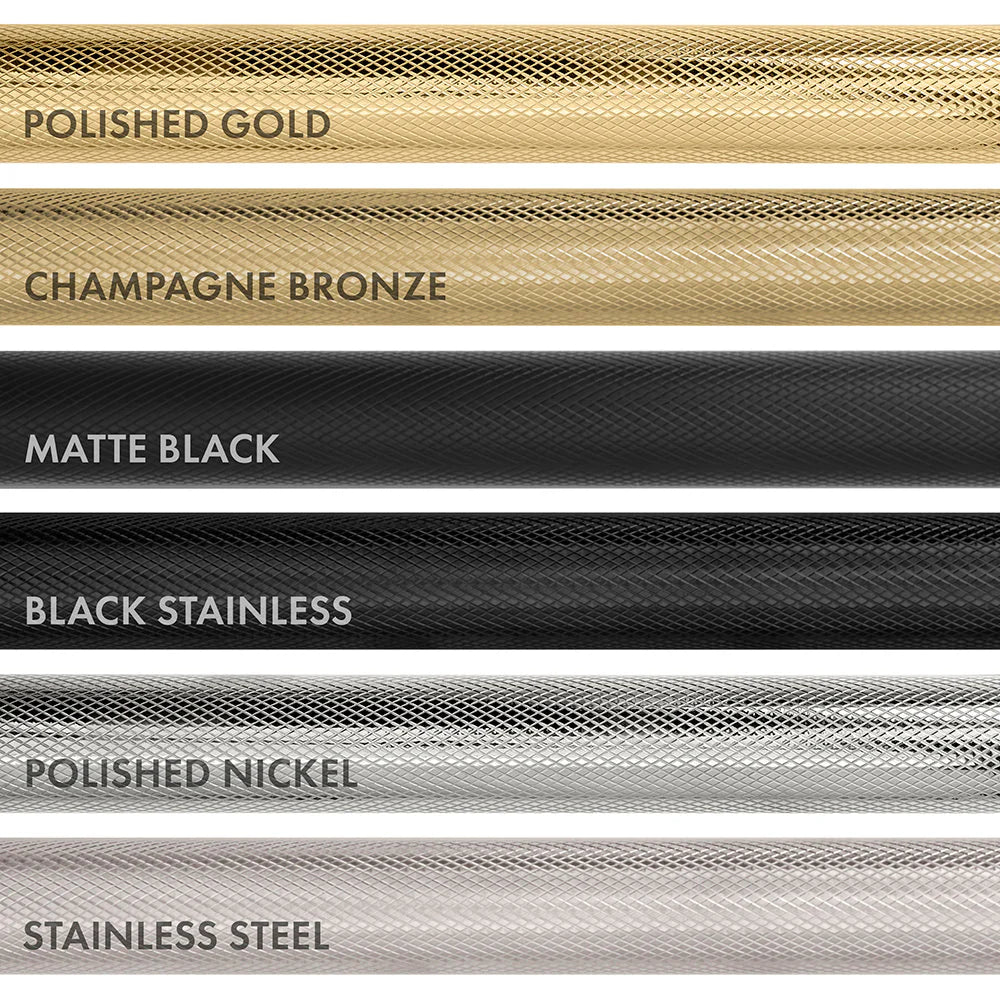 Mesh handle finish swatches in polished gold, champagne bronze, matte black, and others