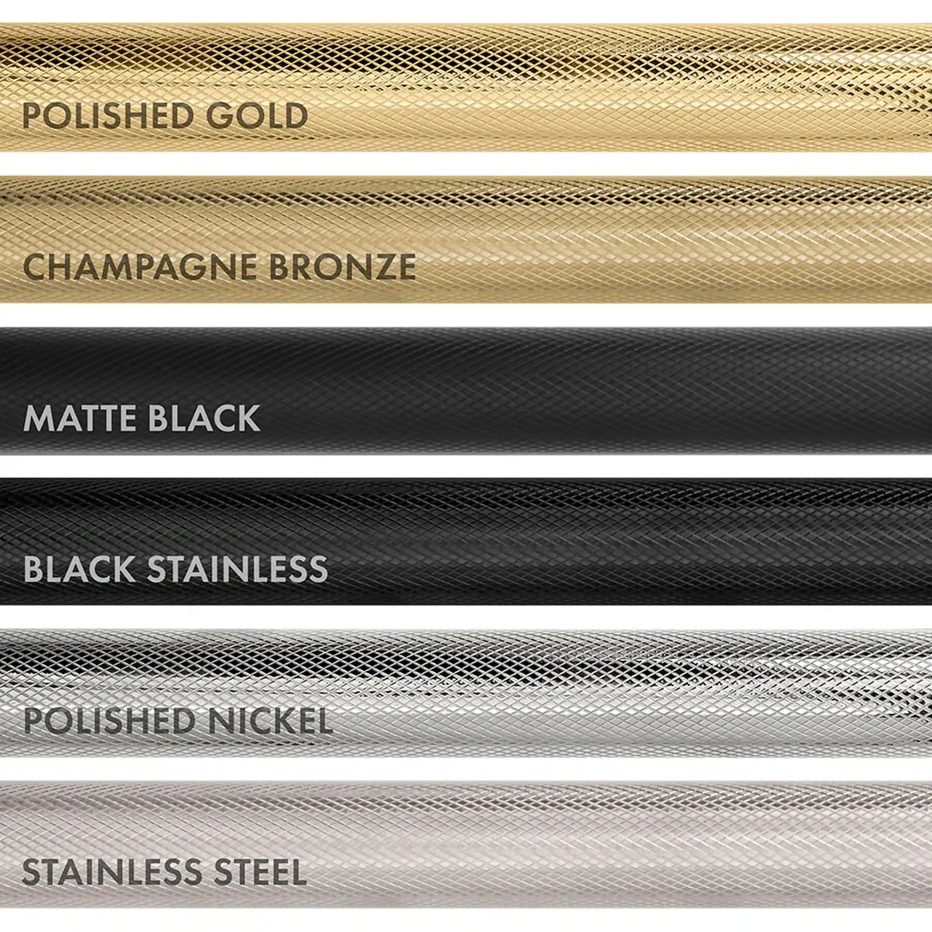 Finish swatches for black stainless with gold-toned and champagne bronze accents