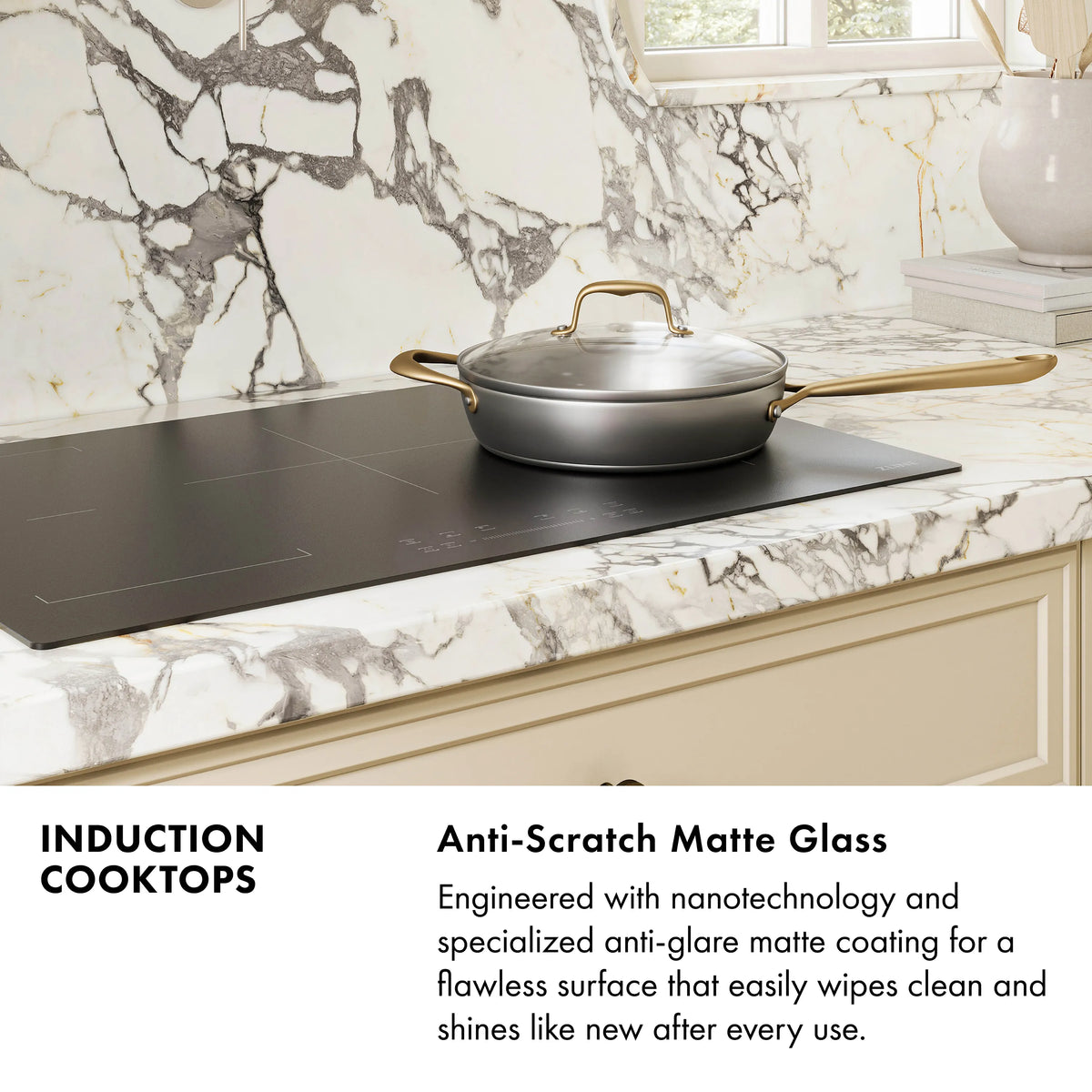 Matte black induction cooktop with pan and pot centered on the glass surface