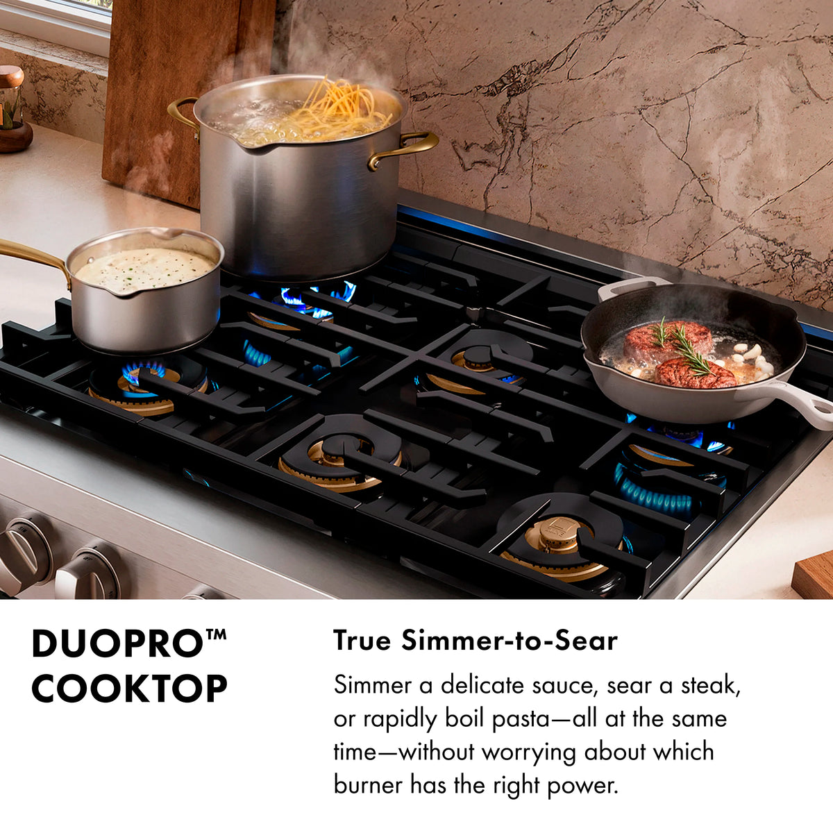 Stainless steel cooktop with pots on burners, blue flames glowing