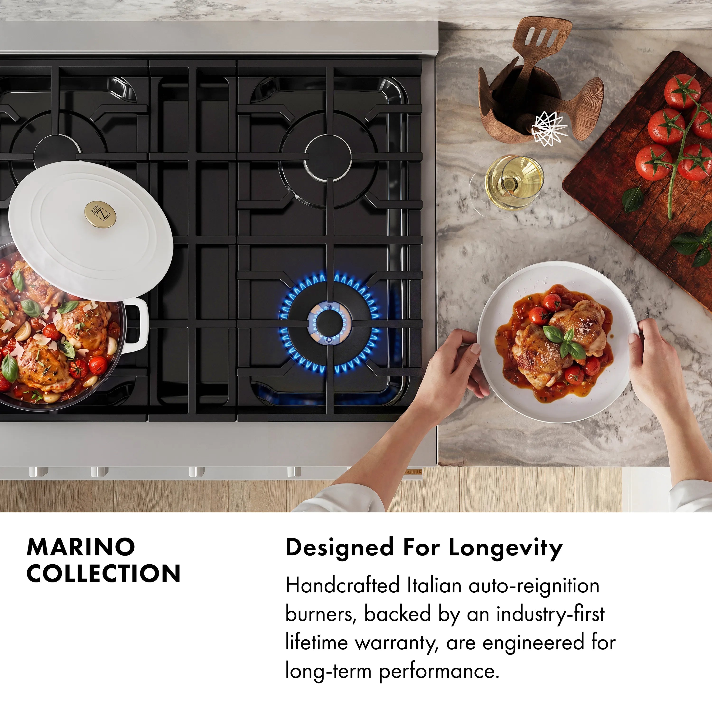 Black gas cooktop with grates and a centered burner, burner cap removed