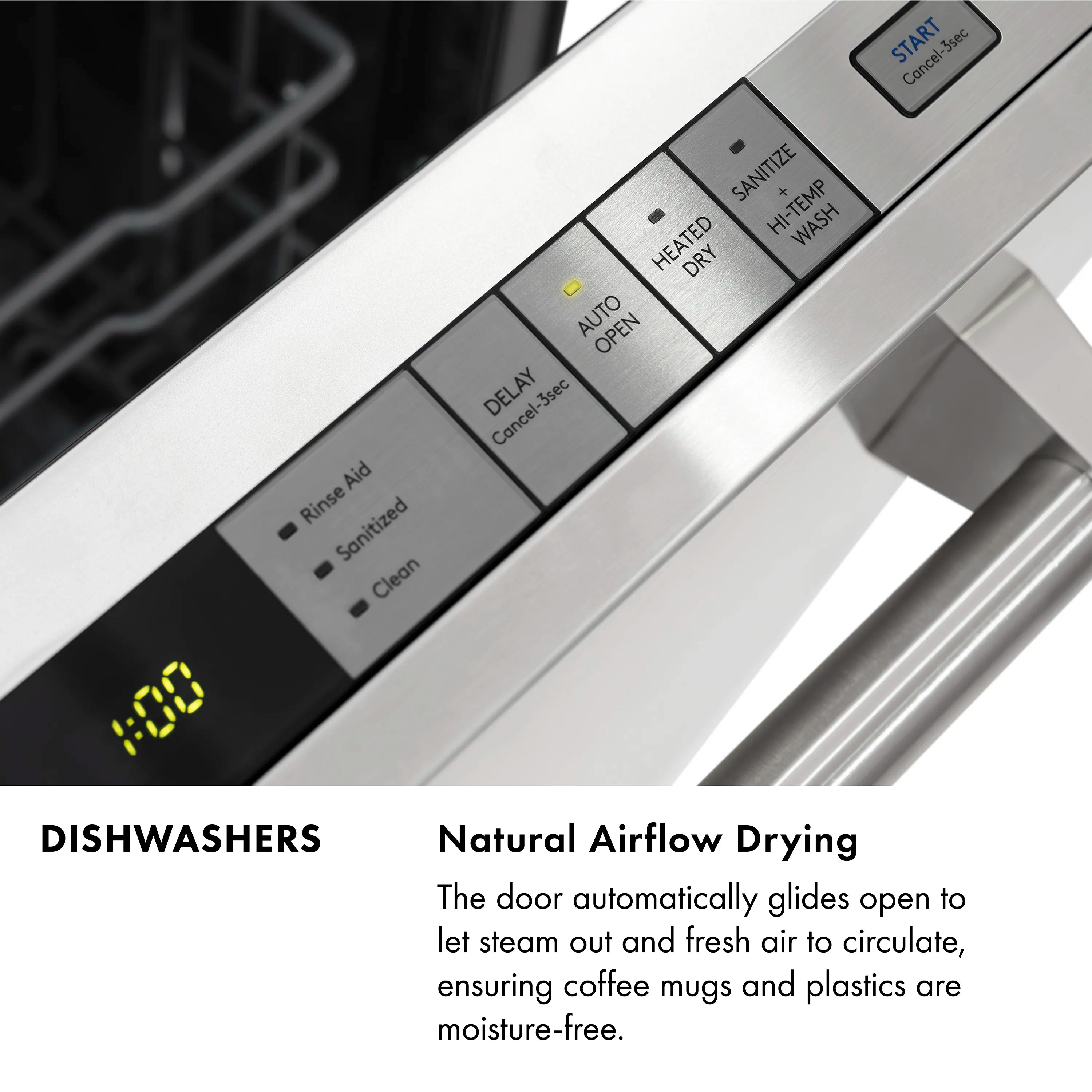 Dishwasher touch control panel with cycle buttons and digital display