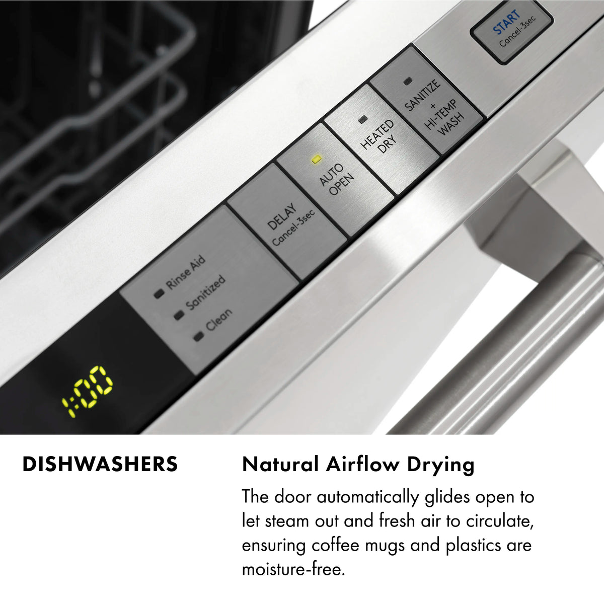 Dishwasher control panel with touch buttons and wash cycle indicator lights