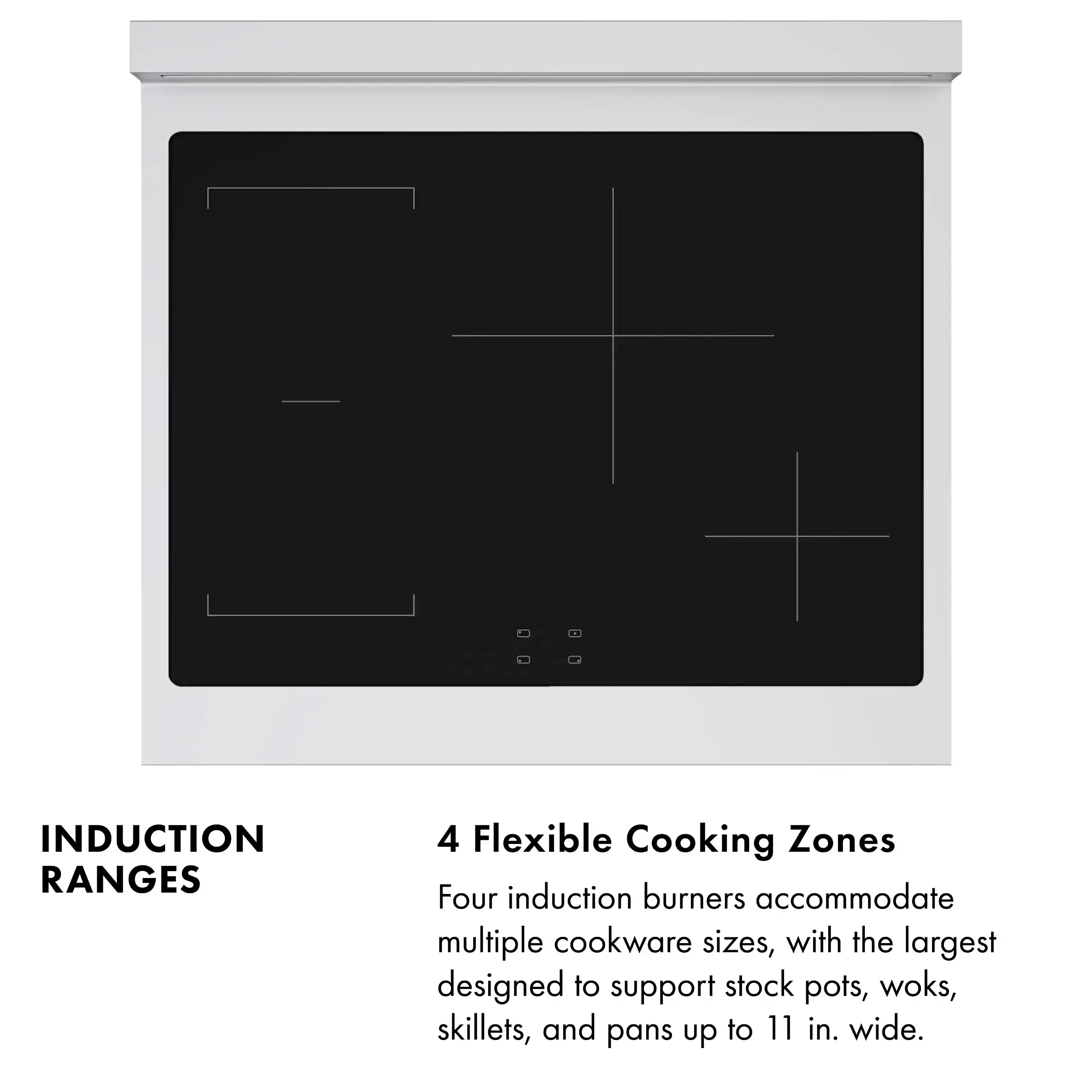 Induction range cooktop, black glass with four flexible zone markings