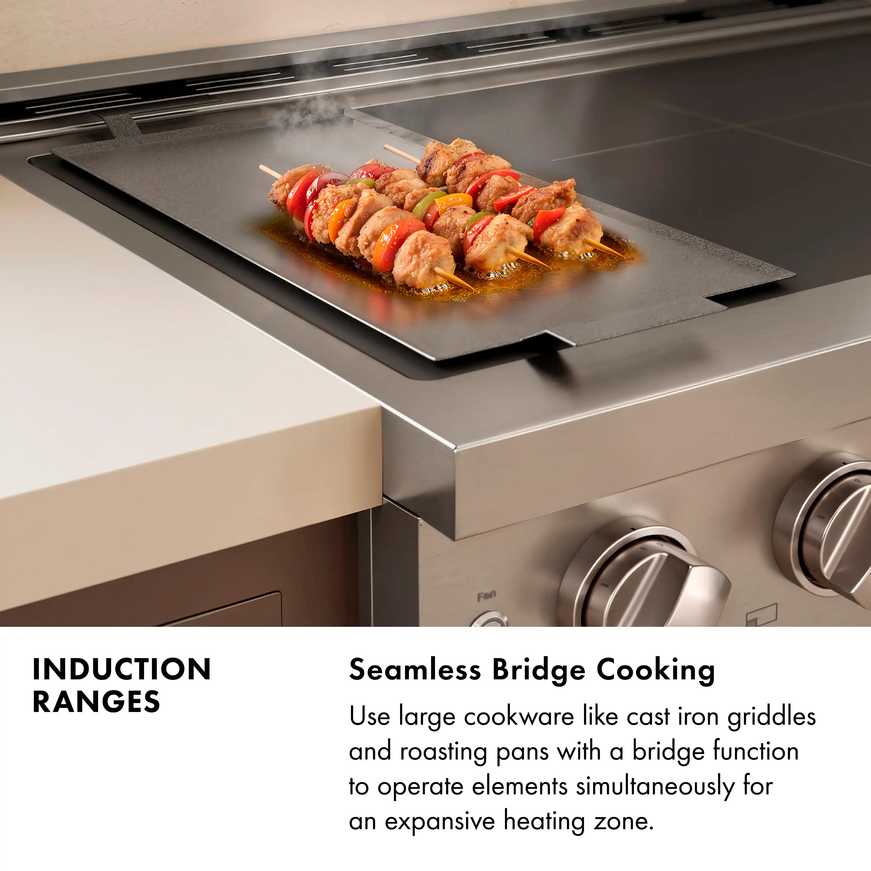 Induction range cooktop with stainless trim and food on a heating surface
