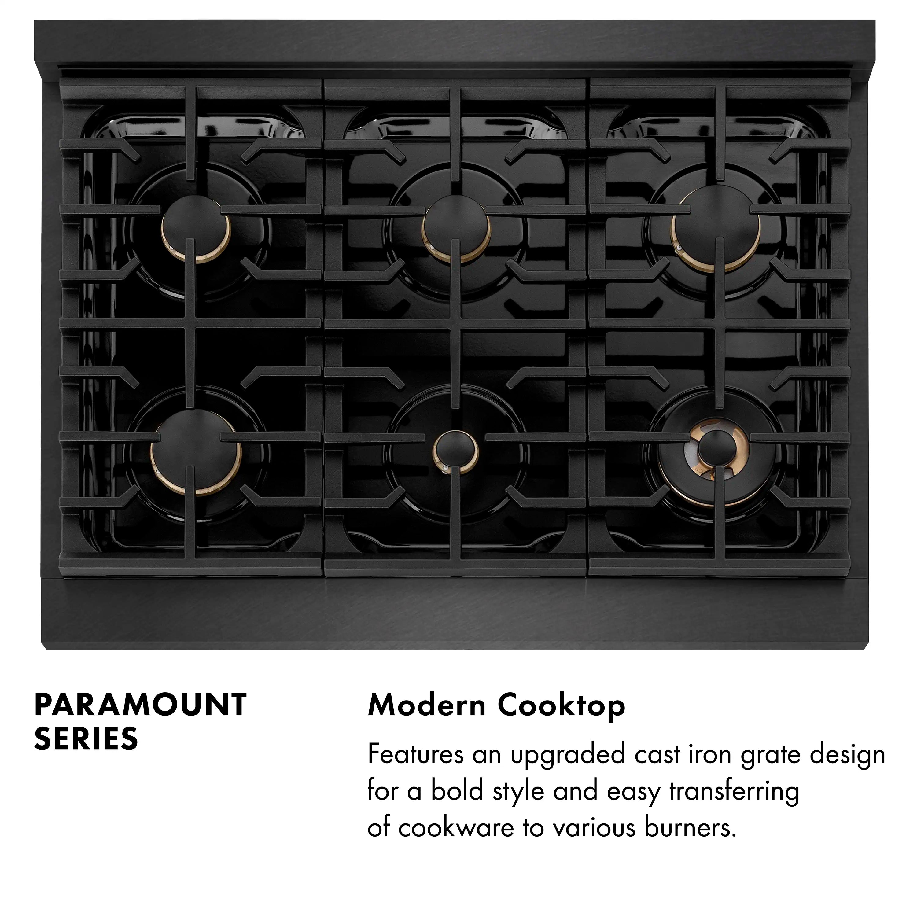 Dual fuel range cooktop with six brass-trimmed gas burners on black grate
