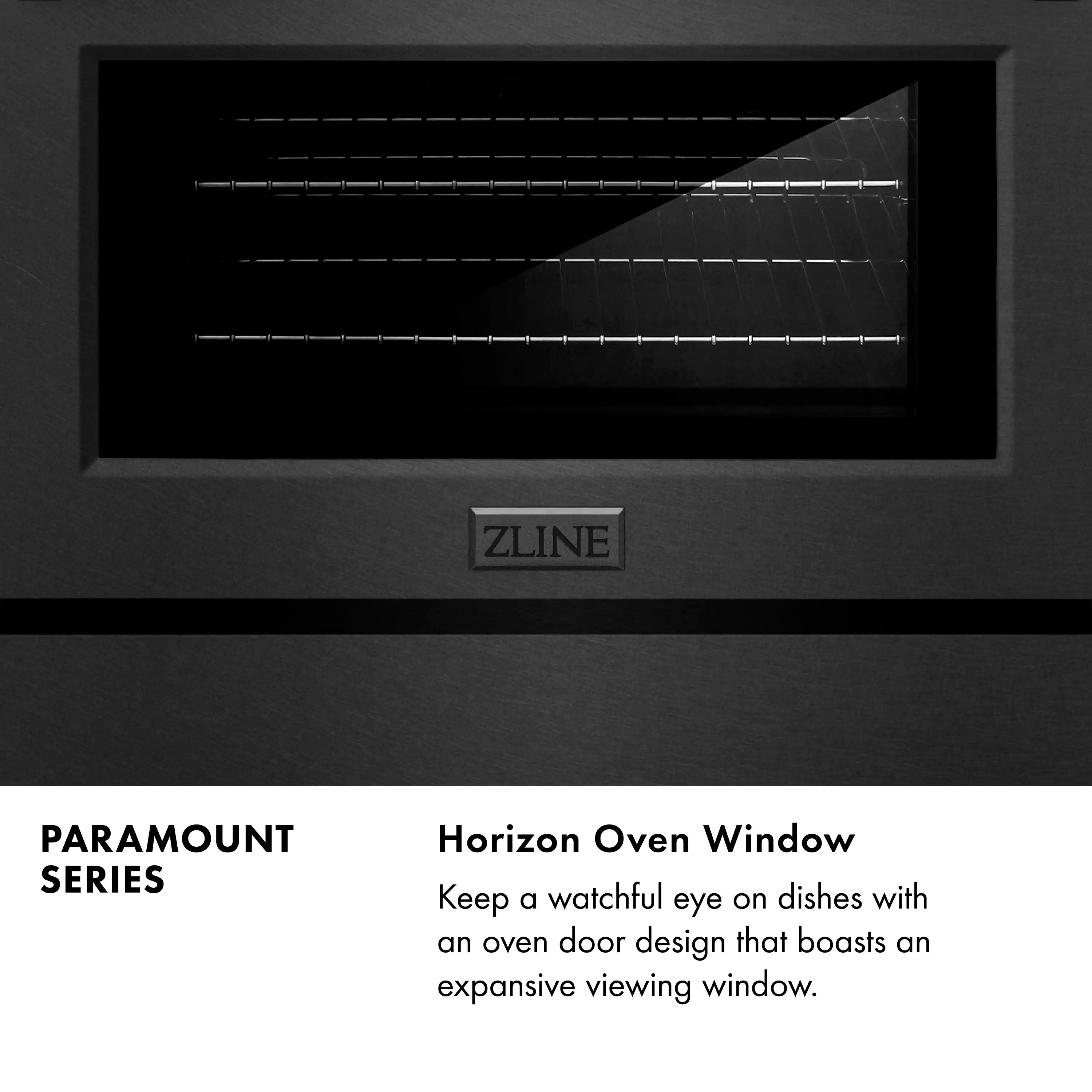 Black gas range with oven window, four brass-ring burners, and control knobs