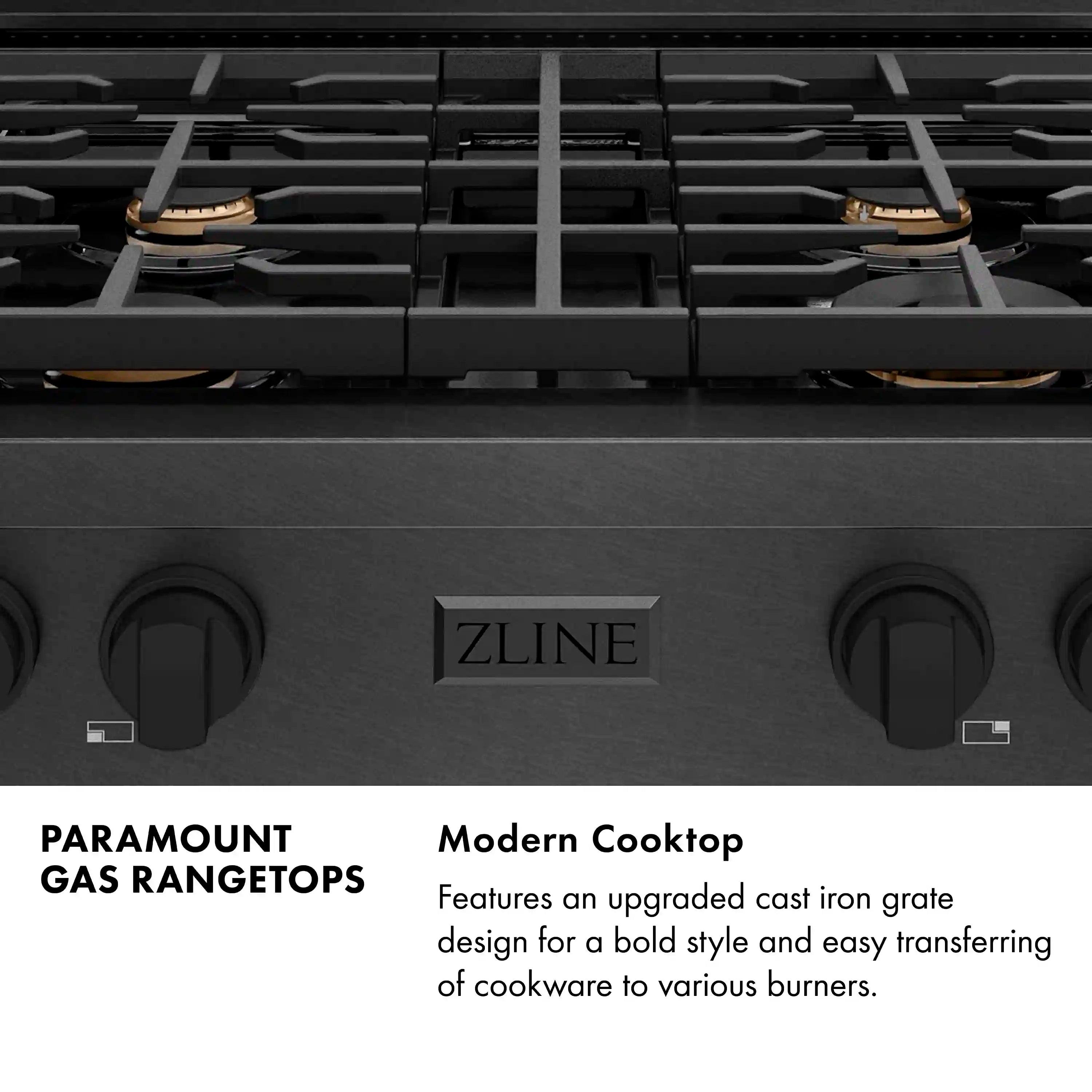 Black gas cooktop with four burners, grates, and front control knobs