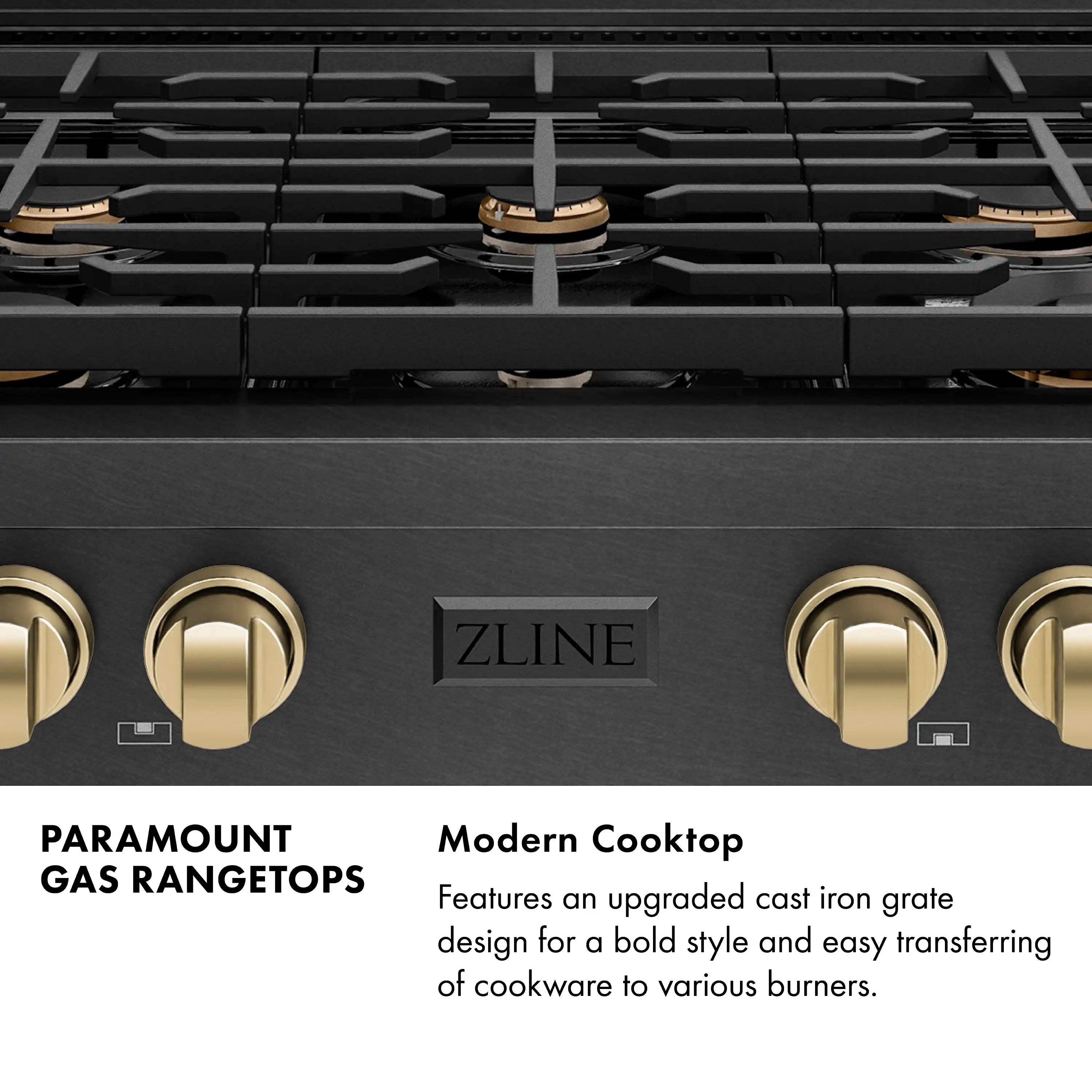 Black gas rangetop front panel with gold knobs and ZLINE logo
