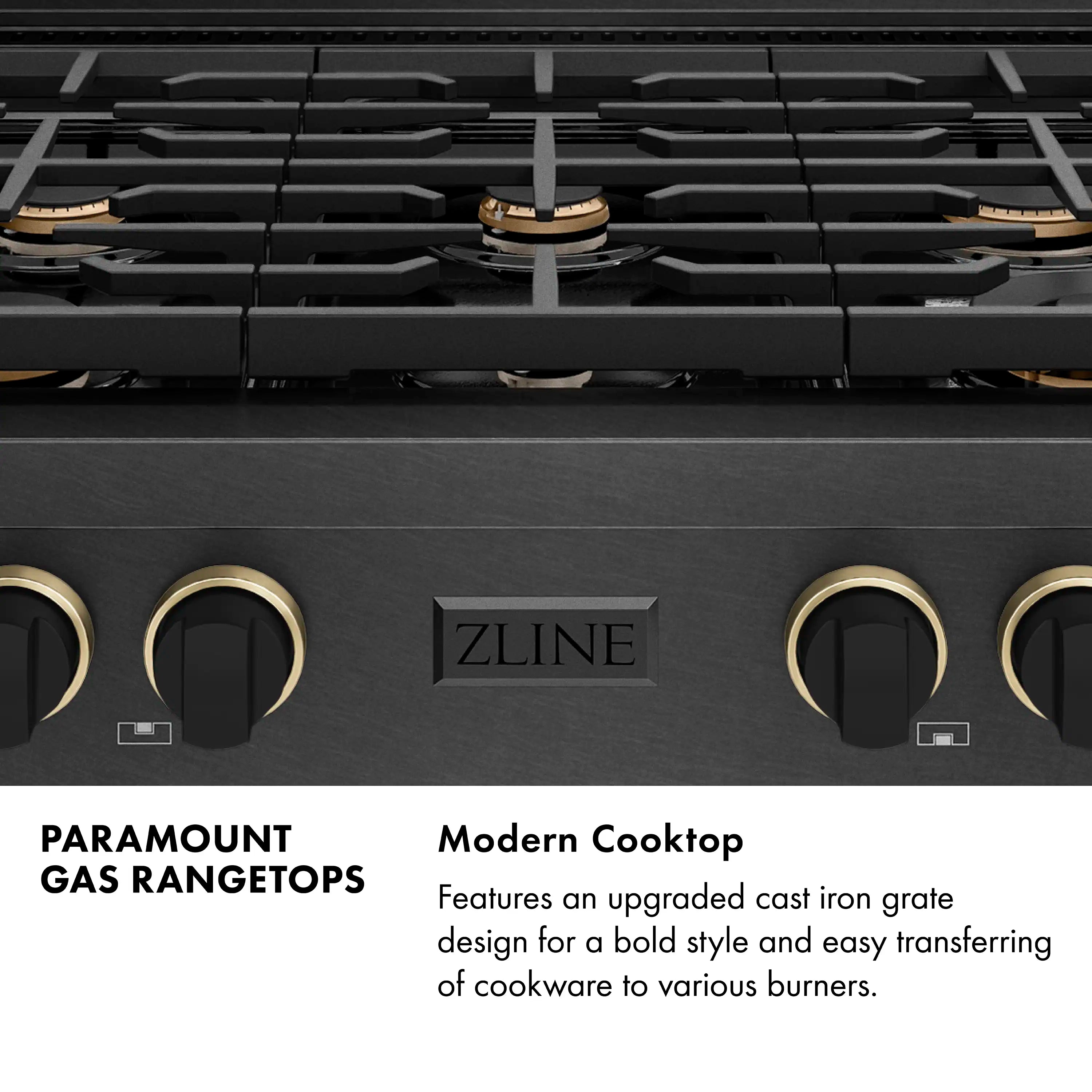 Black gas rangetop front with six burner grates and matte black control knobs.