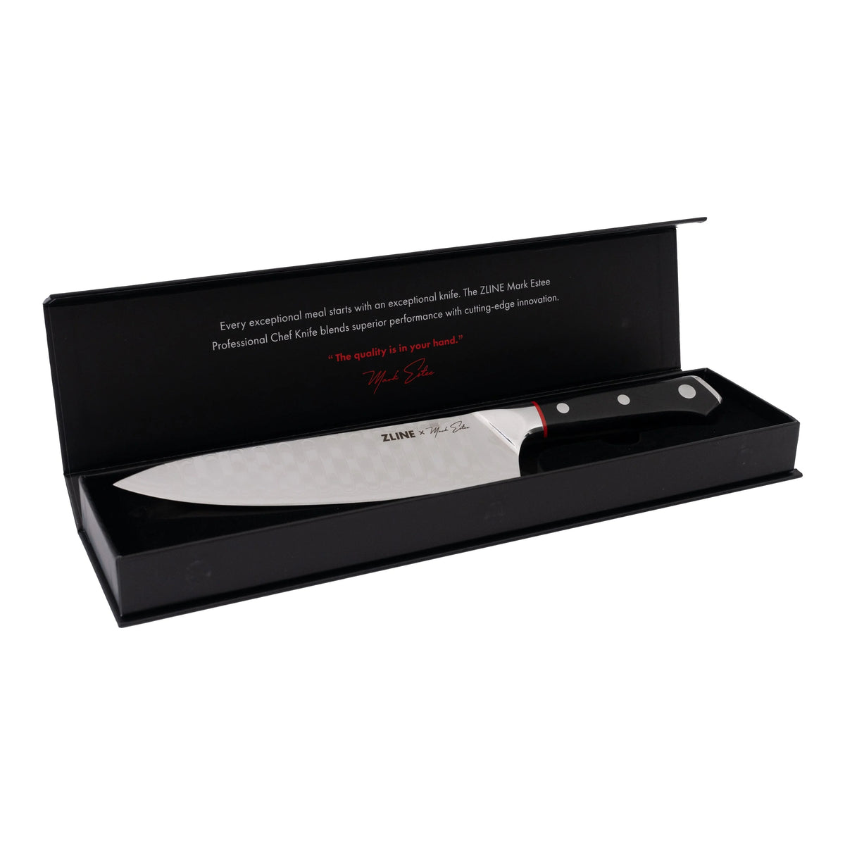 Japanese Damascus chef knife in open gift box with protective insert
