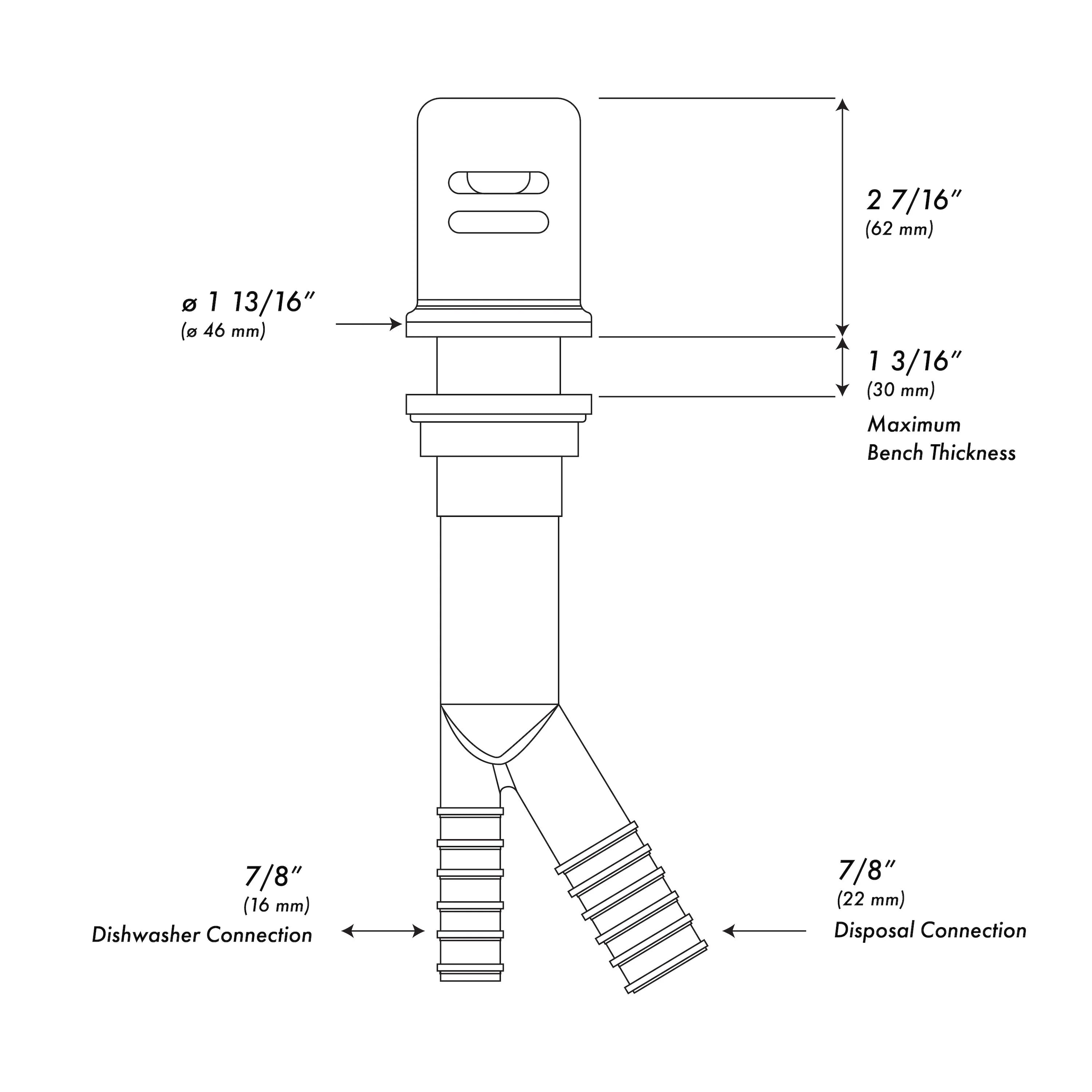 Dishwasher air gap installation diagram with dimensions and connections