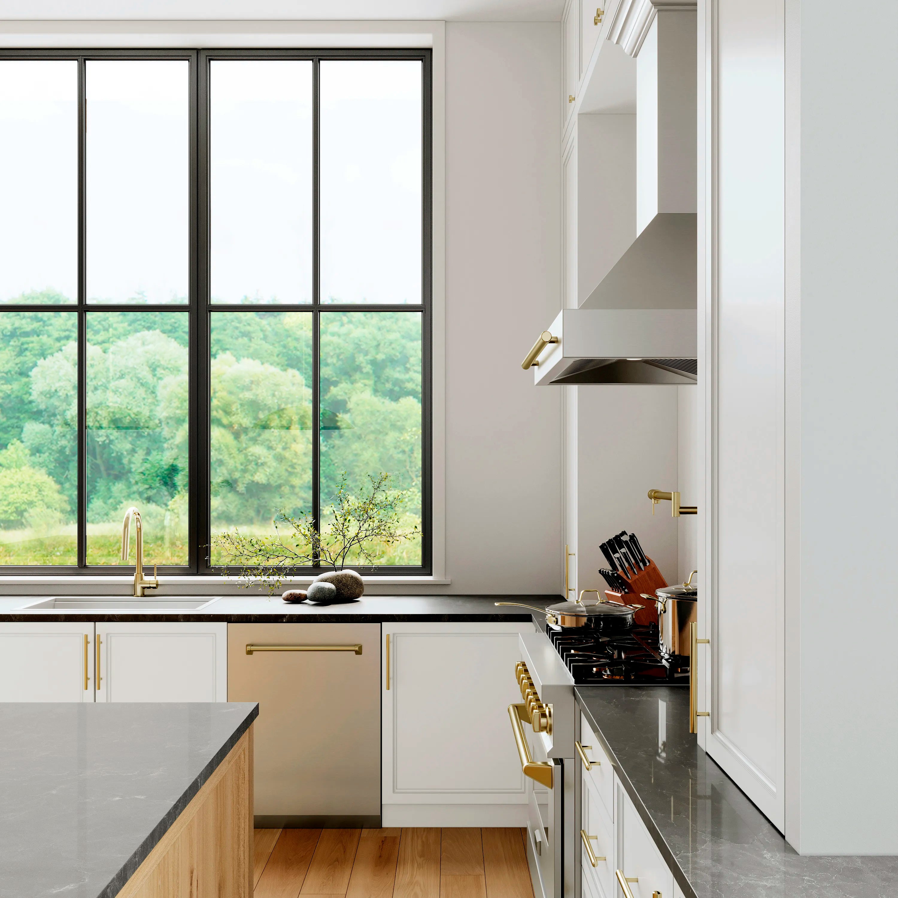 Tall built-in stainless steel dishwasher with gold handle, top control