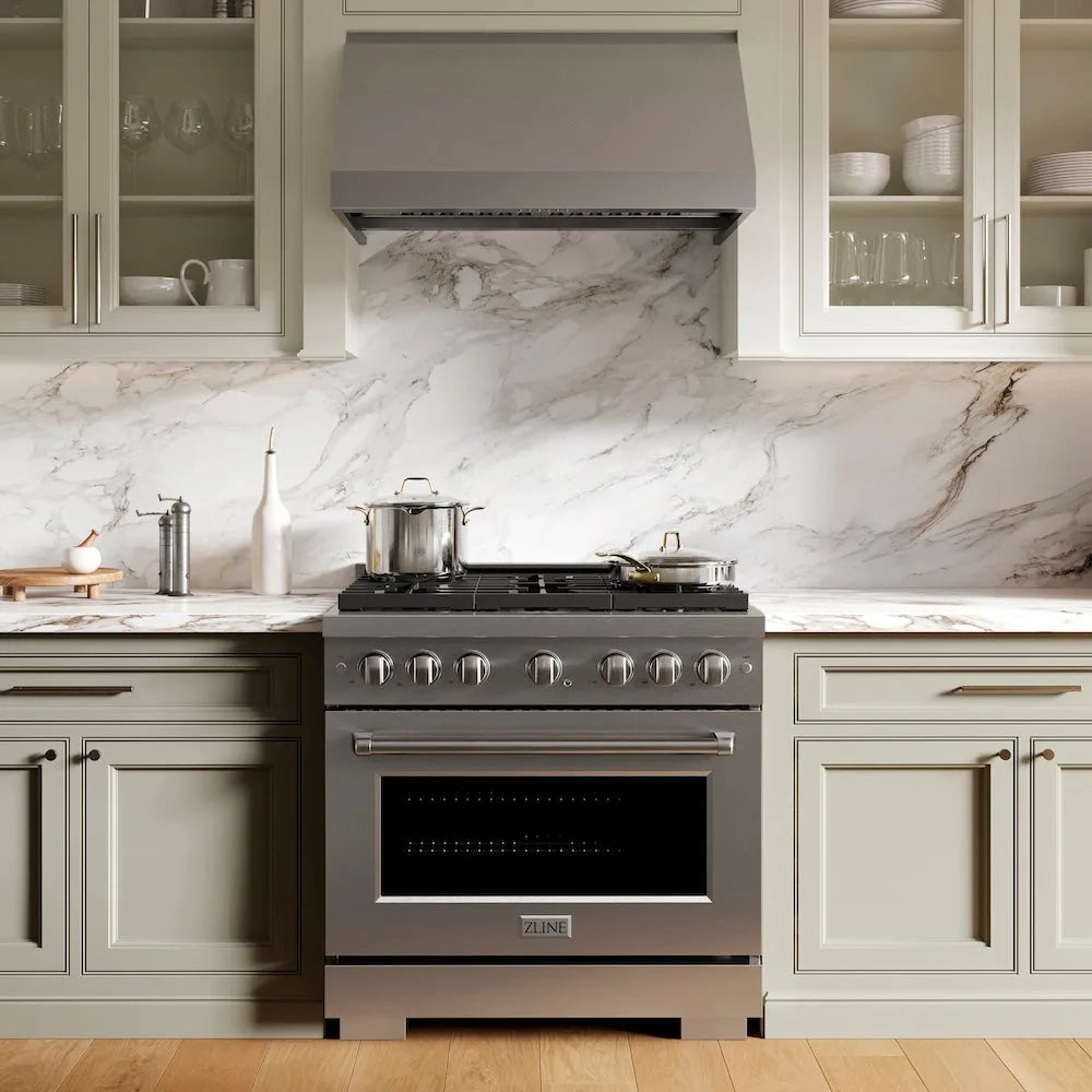 ZLINE 36-Inch 5.2 cu. ft. Paramount Gas Range with 6 Burner DuoPro™ Cooktop and Convection Gas Oven in Stainless Steel in a kitchen