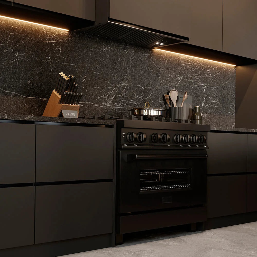 ZLINE 36-inch Legacy Series Black Stainless 4.6 Cu.Ft. 6 Gas Burner/Electric Oven Range with Brass Burners in a kitchen