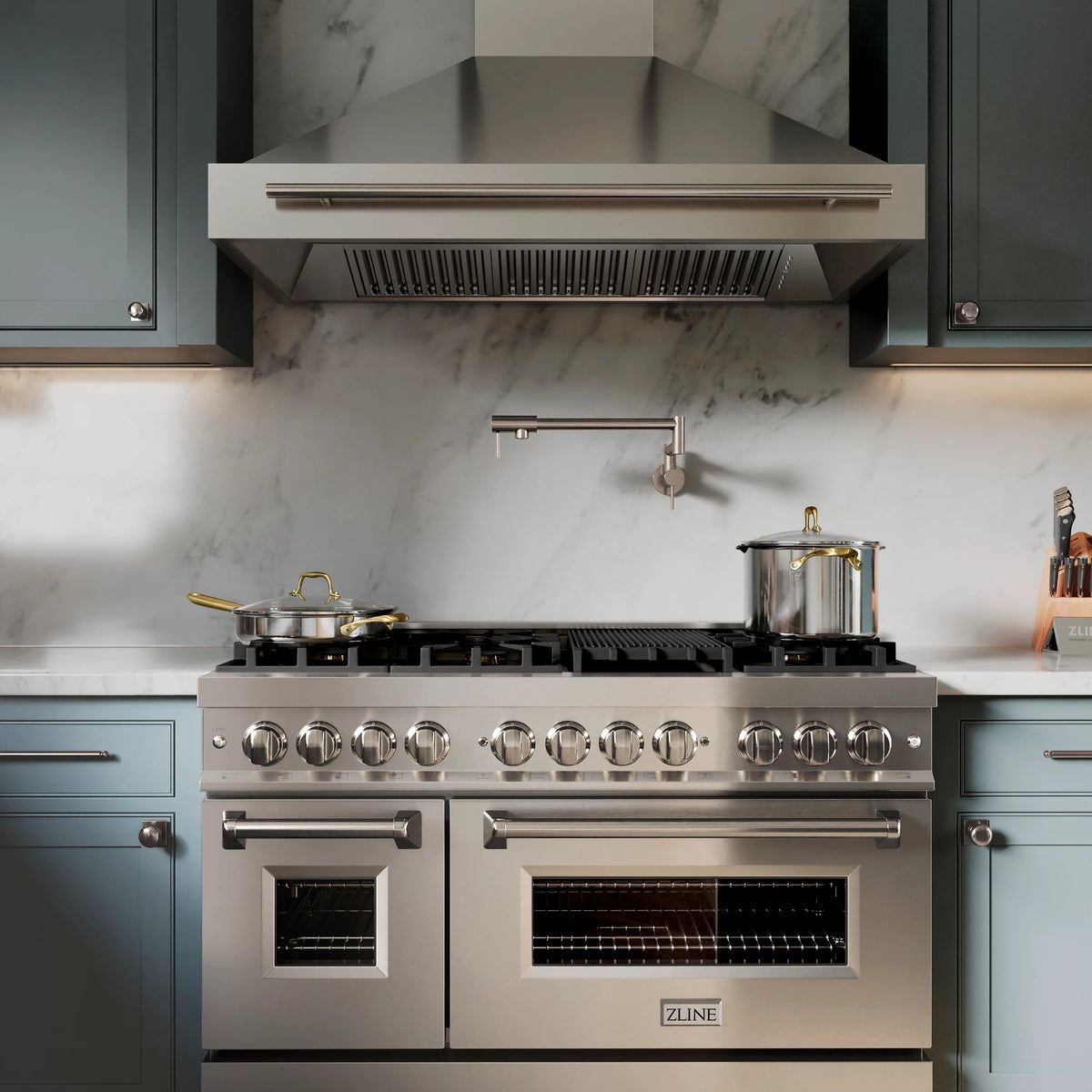 ZLINE 48-inch Legacy Series Dual Fuel Range with 7 Gas Brass Burners and 6.0 Cu. Ft. Electric Double Oven in Stainless Steel in a kitchen