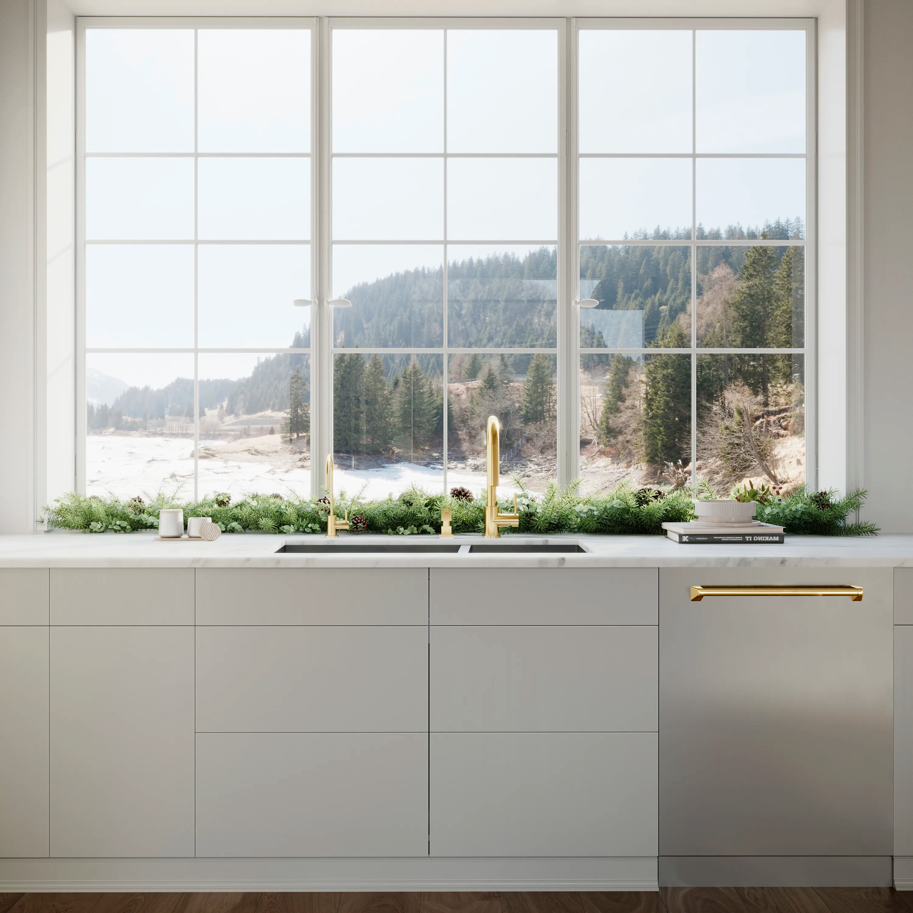 Built-in dishwasher front with gold handle and stainless steel door panel