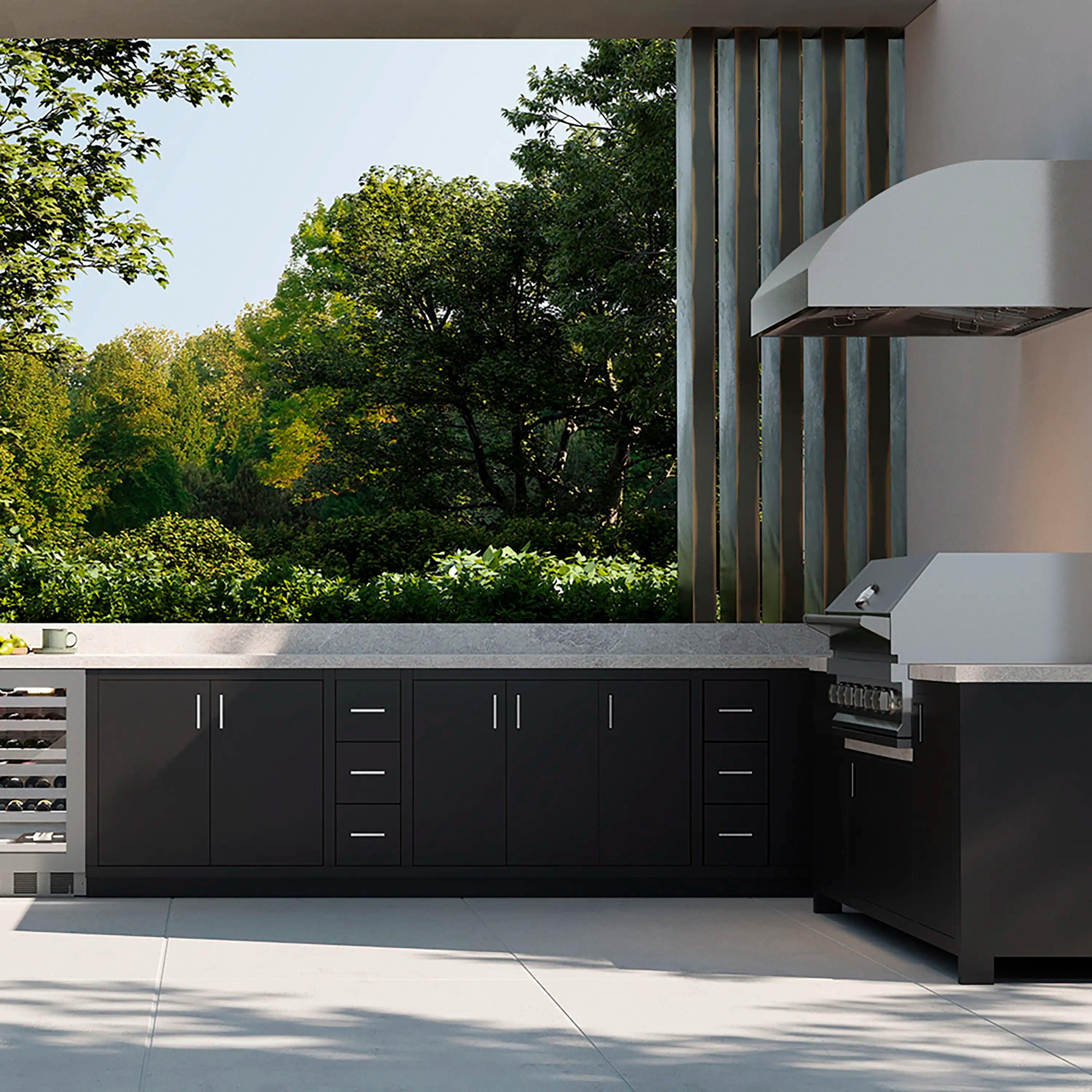 Outdoor grill hood canopy mounted over grill with chimney-style exhaust