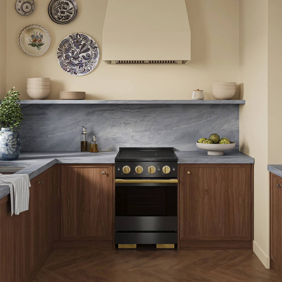 ZLINE Autograph Edition 24-Inch 3.2 cu. ft. Marino Induction Range with 3 Element Cooktop and Electric Convection Oven in Black Stainless Steel with Polished Gold Accents (MINRBZ-24-G)