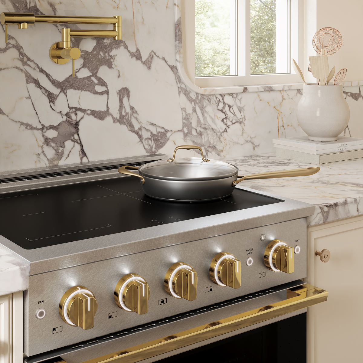 ZLINE Autograph Edition 30-Inch 4.2 cu. ft. Marino Induction Range with 4 Element Cooktop and Electric Convection Oven in Satin Stainless Steel with Polished Gold Accents (MINRSZ-30-G)