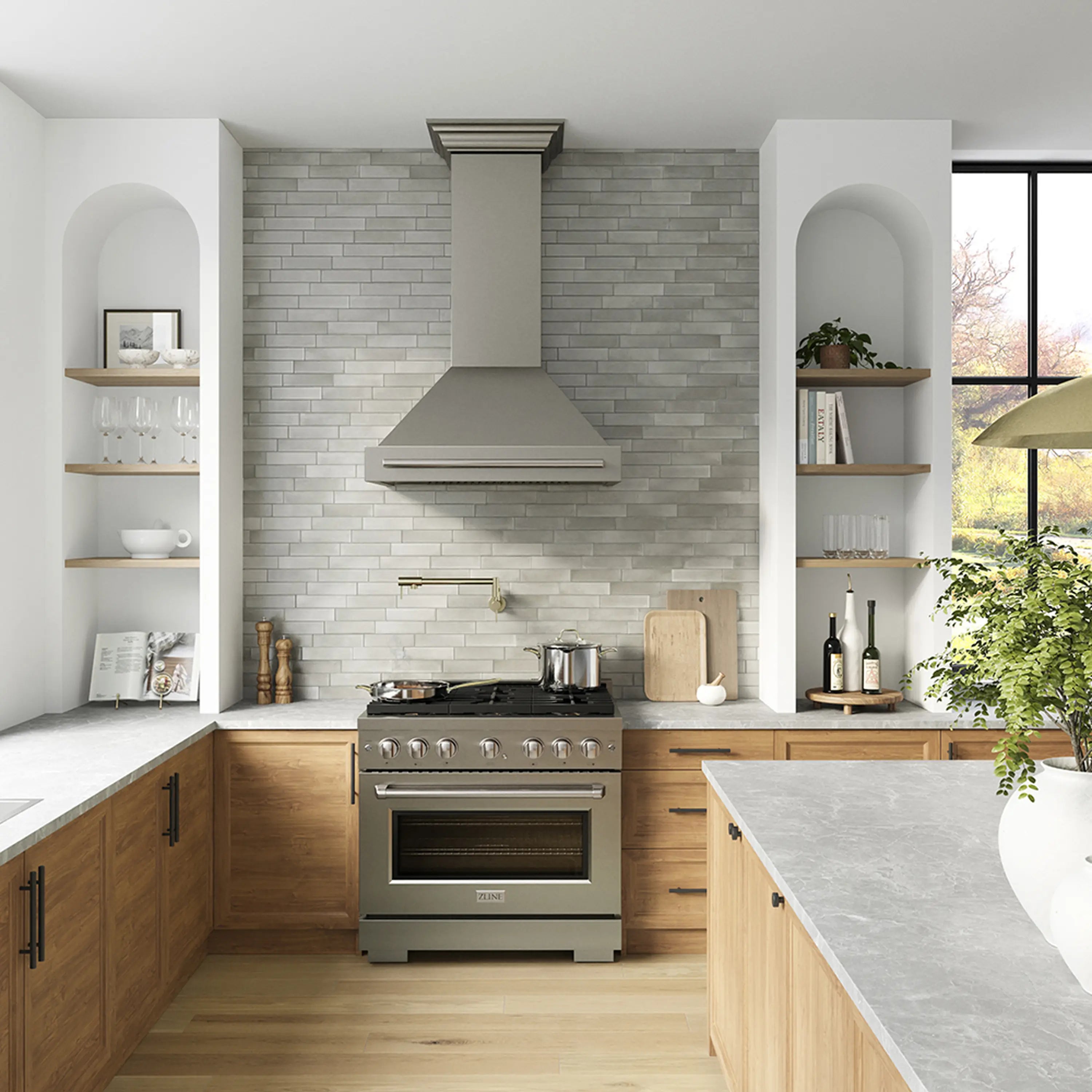 Stainless dual-fuel range with multiple burners and a visible oven door