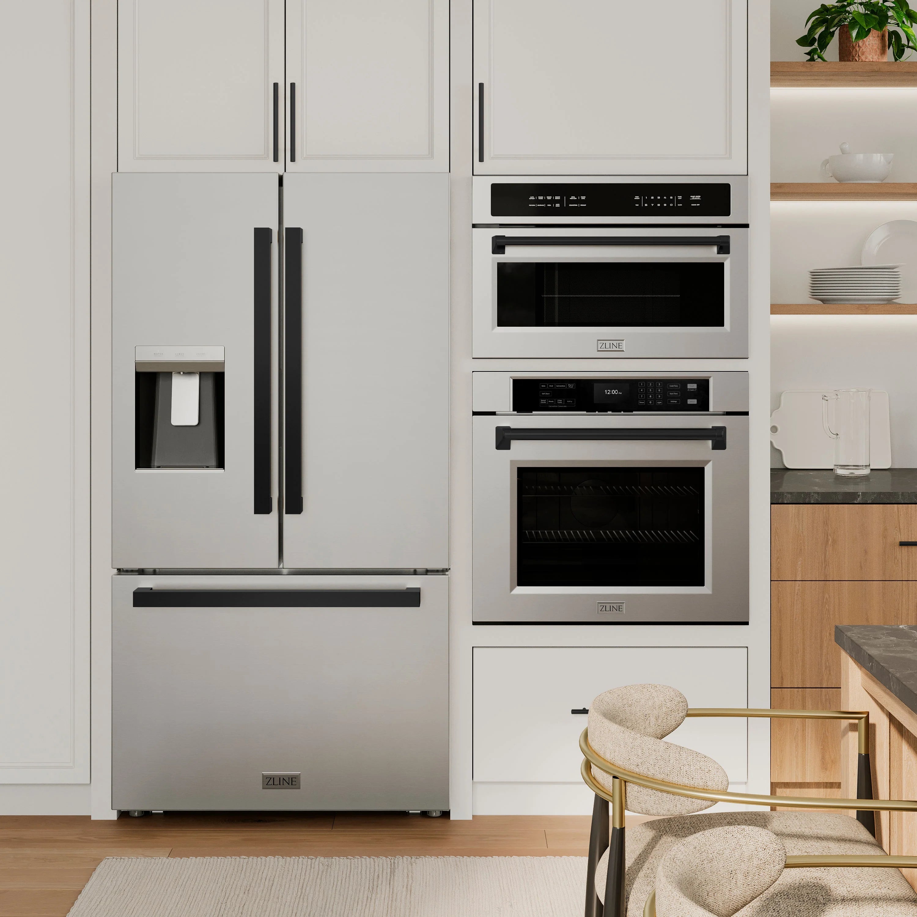 Fingerprint-resistant stainless French door refrigerator with external water dispenser and black handles