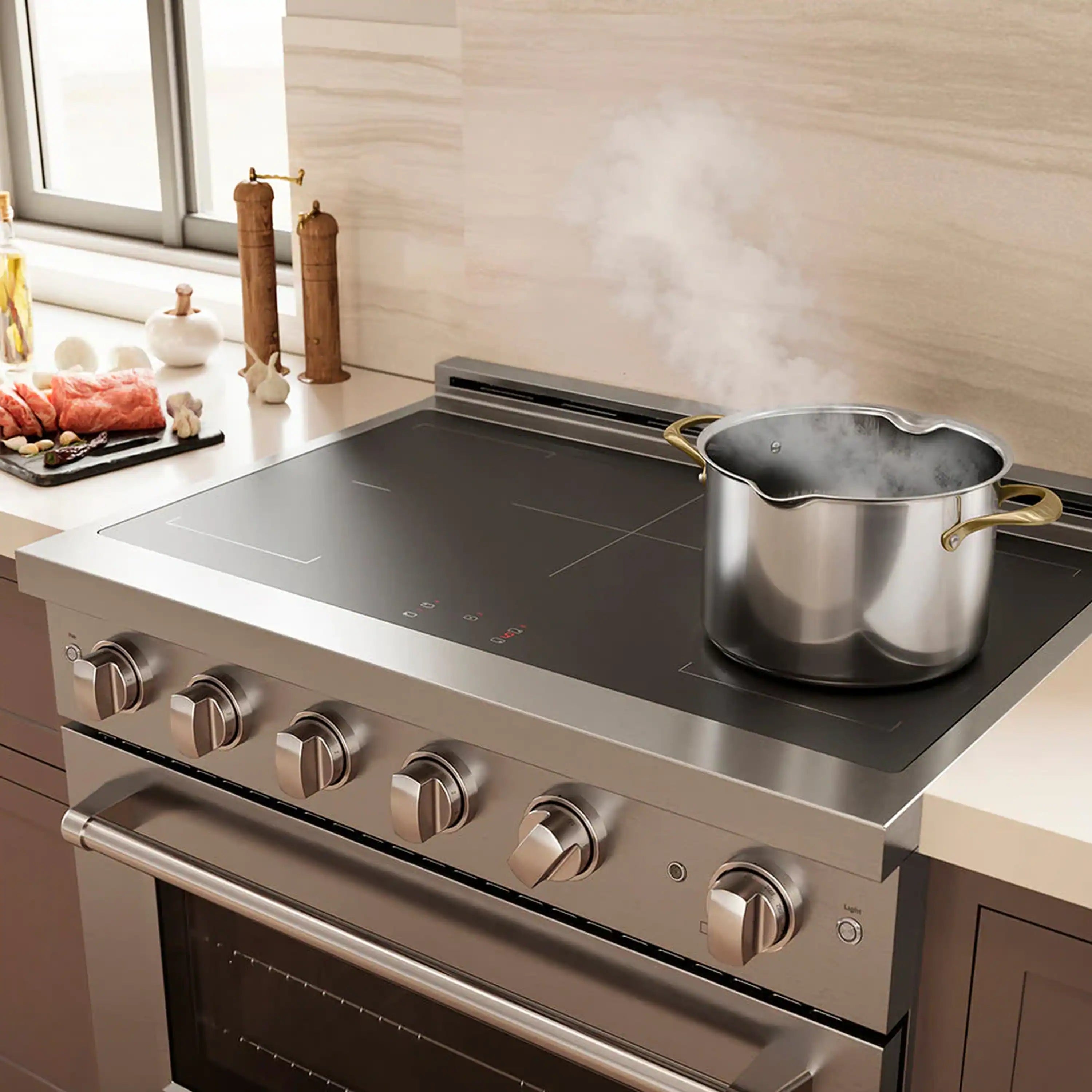 Stainless steel cooktop with burners and front control knobs