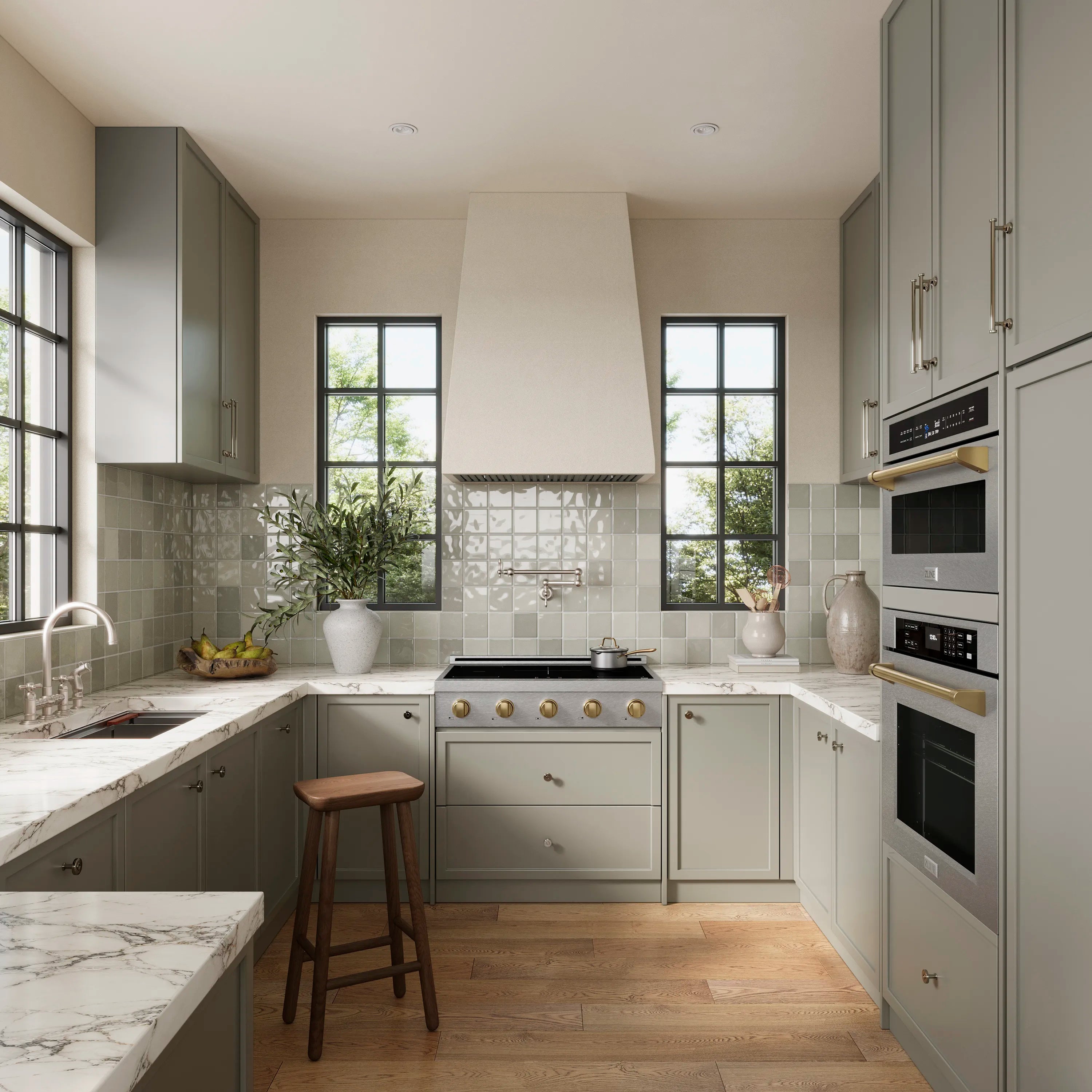 36-inch induction rangetop with black glass cook surface and champagne bronze control knobs