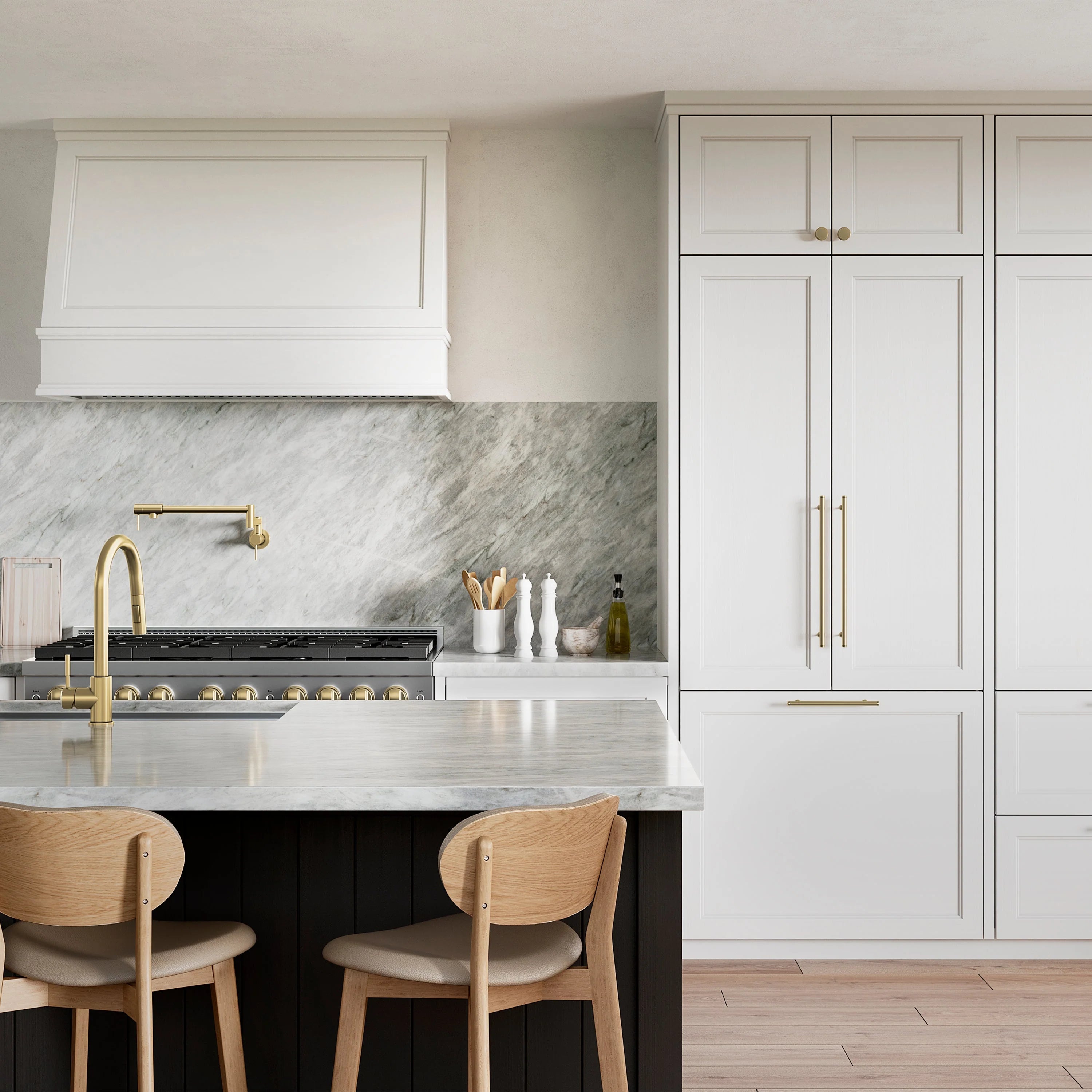 Built-in French door refrigerator with water dispenser installed in modern kitchen