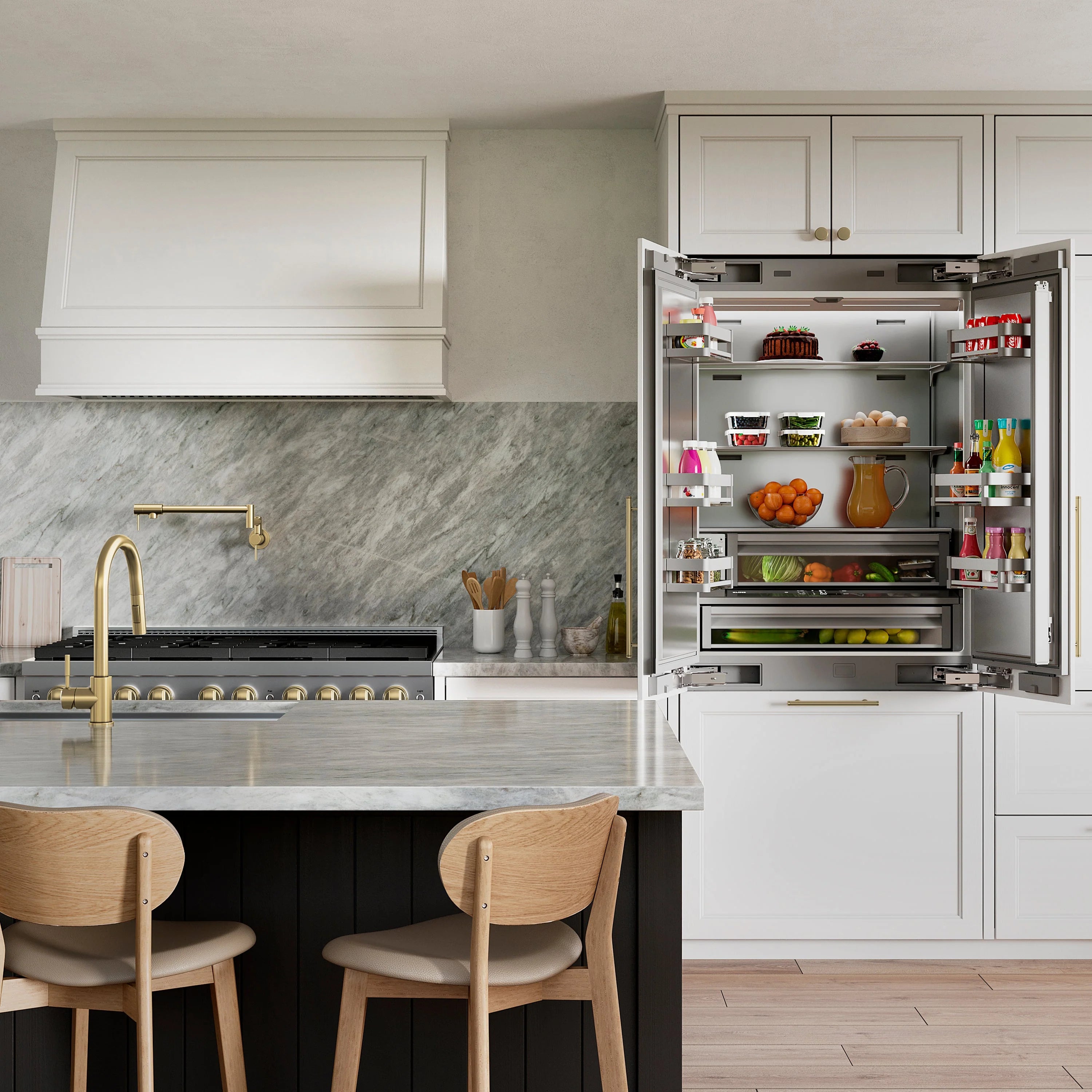 Open built-in French door refrigerator with stainless shelves and bins