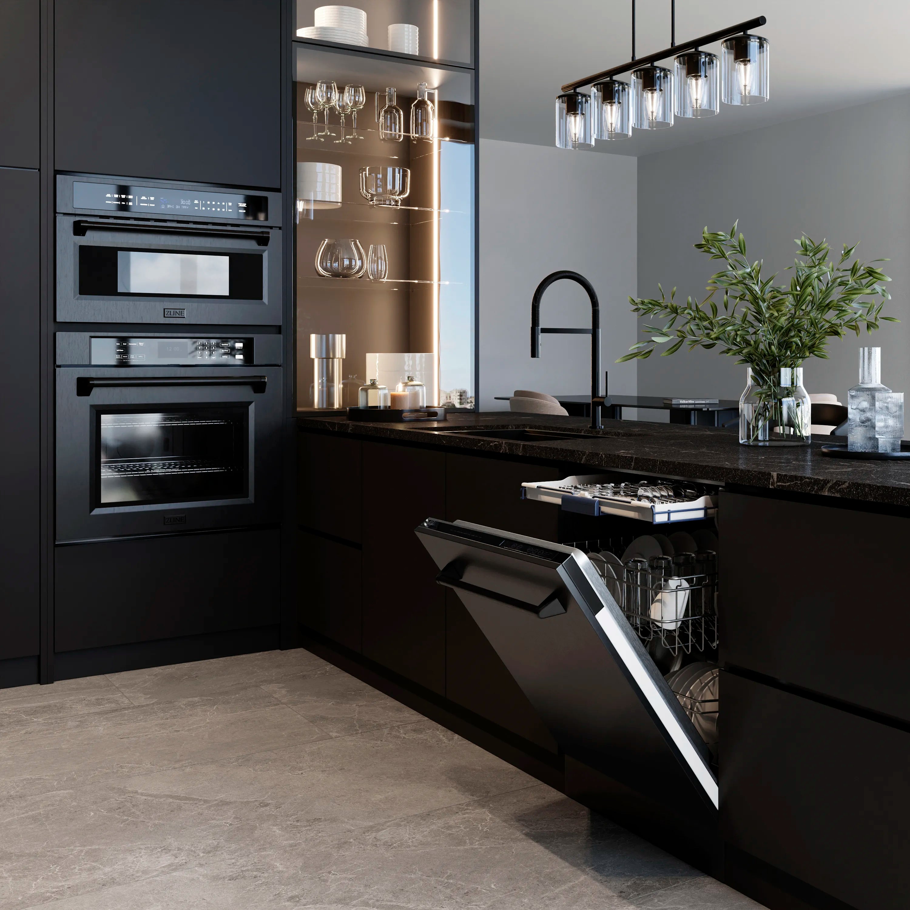 Black stainless steel Tall tub dishwasher with open door and top rack