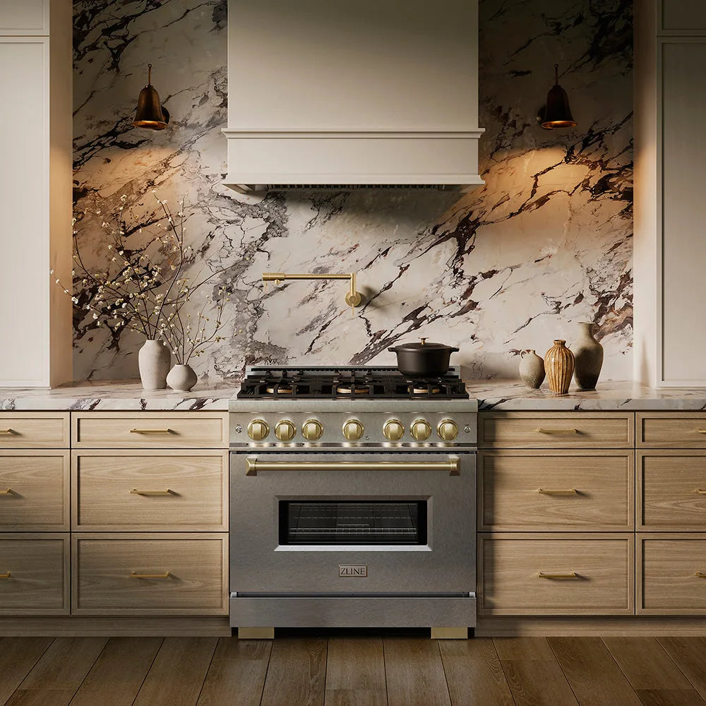 ZLINE Autograph Edition 36-Inch Classic Series Gas Range with 6 Gas Burner Cooktop and 5.2 Cu. Ft. Gas Convection Oven in Satin Stainless Steel with Champagne Bronze in a kitchen