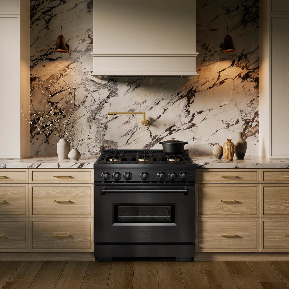 ZLINE 36-Inch Classic Series Gas Range with 6 Gas Burner Cooktop and 5.2 Cu. Ft. Gas Convection Oven in Black Stainless Steel in a kitchen