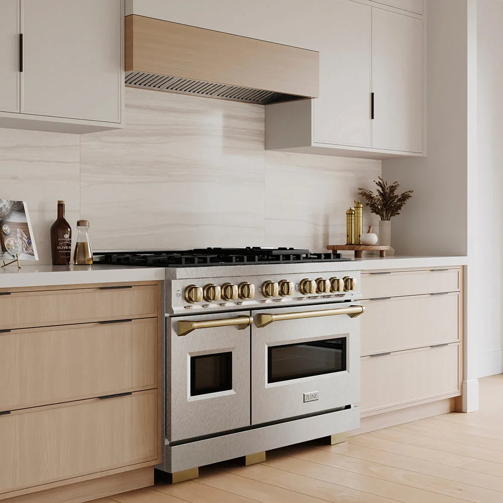 ZLINE Autograph Edition 48-Inch Classic Gas Range with DuoPro™ Cooktop and Dual Ovens in Satin Steel and Bronze Accents in a kitchen