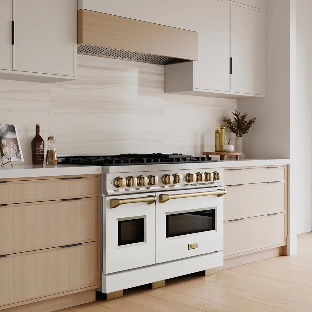 ZLINE Autograph Edition 48-Inch Classic Series Gas Range with 8 Gas Burner Cooktop and 6.7 Cu. Ft. Gas Convection Oven in Satin Stainless Steel with White Matte Doors and Champagne Bronze Accents in a kitchen
