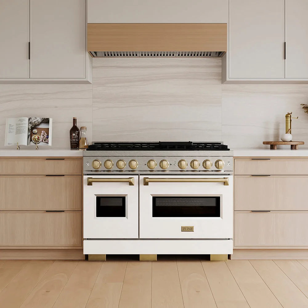 ZLINE Autograph 48-Inch Classic Dual Fuel Range with DuoPro™ Cooktop in Satin Steel with White Doors and Bronze Accents in a kitchen