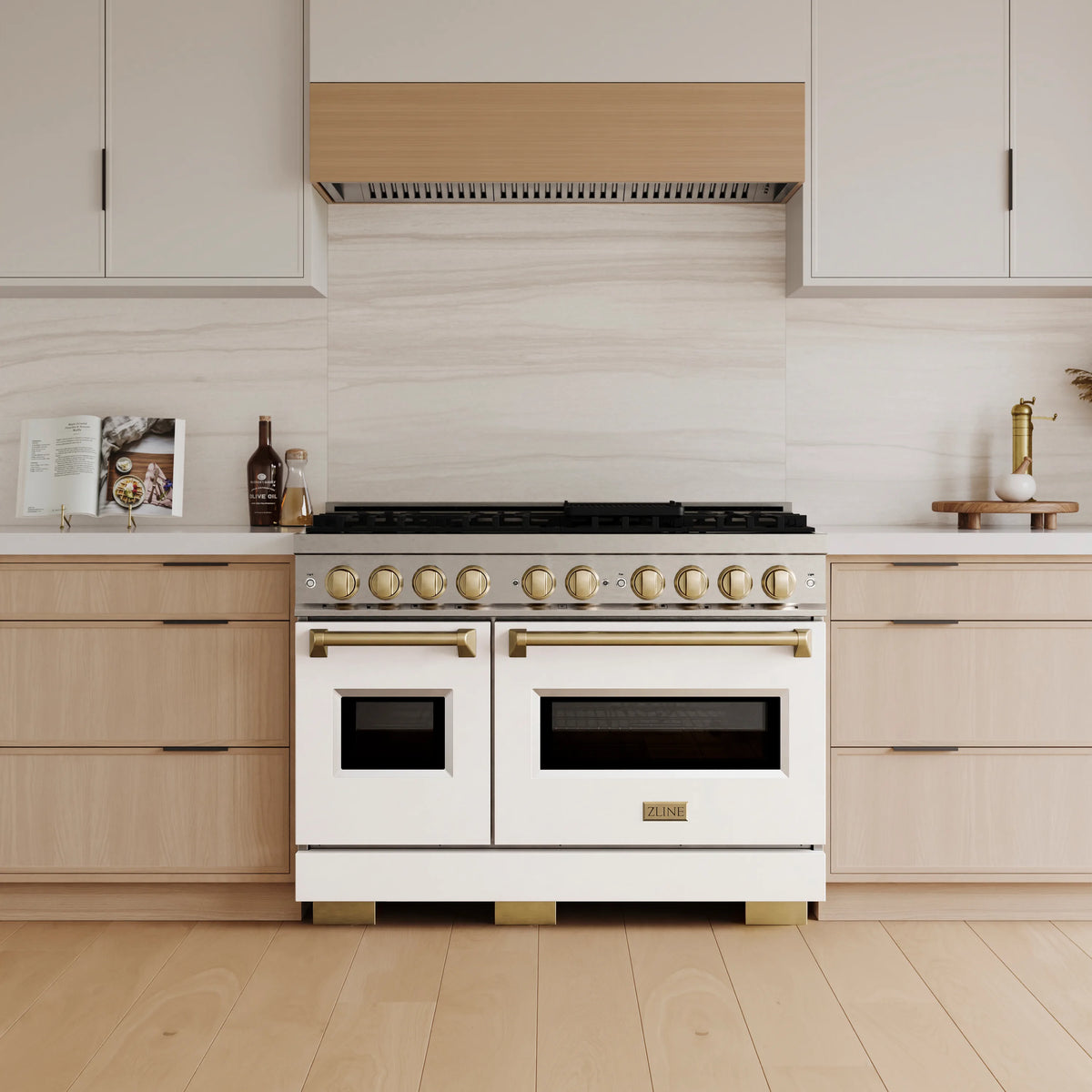 ZLINE Autograph Edition 48-Inch Classic Dual Fuel Range with 8 Burner DuoPro™ Cooktop and White Doors with Bronze Accents in a kitchen
