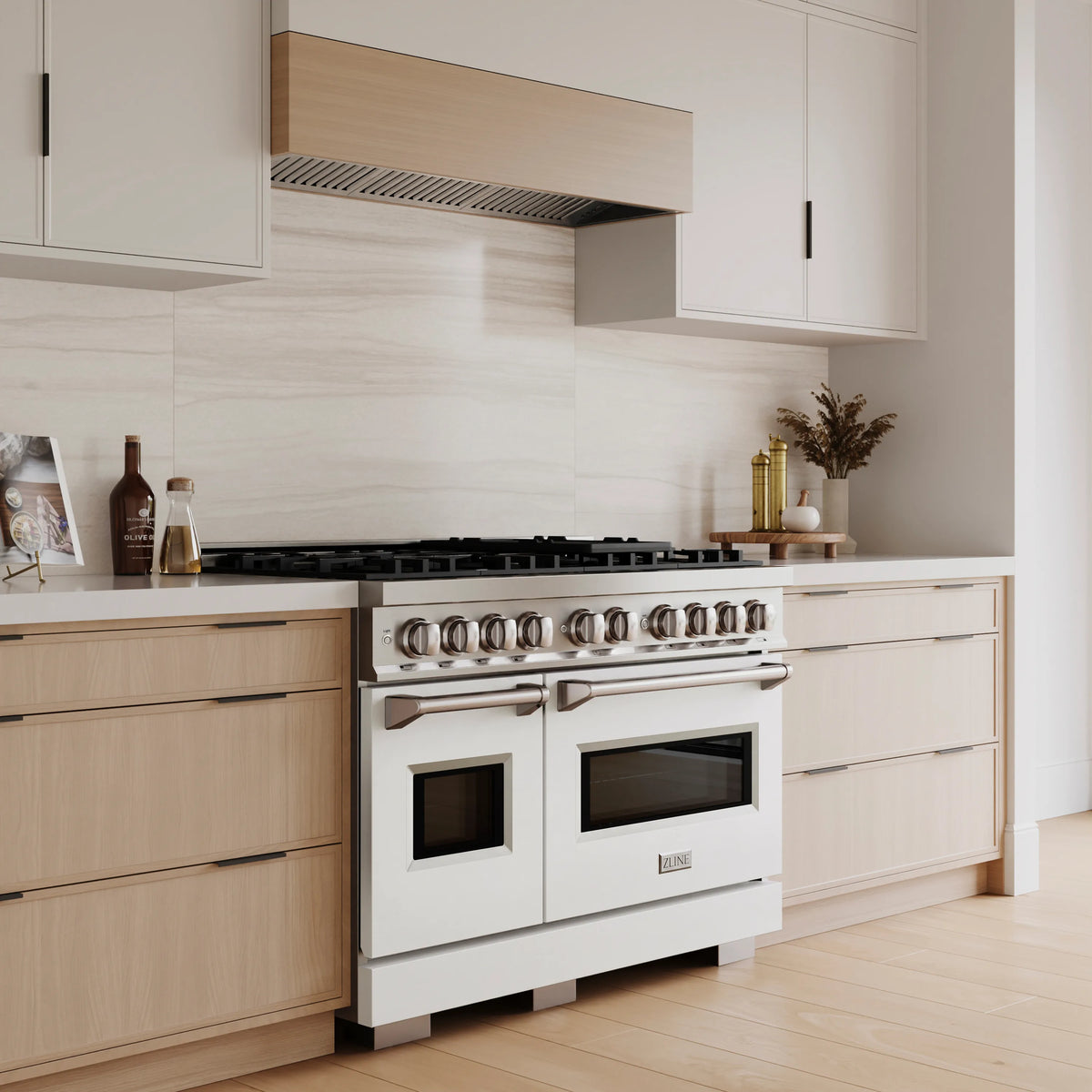 ZLINE 48-Inch 6.7 Cu. Ft. Classic Gas Range with 8 Burner DuoPro™ Cooktop and Dual Ovens with White Matte Doors in a kitchen