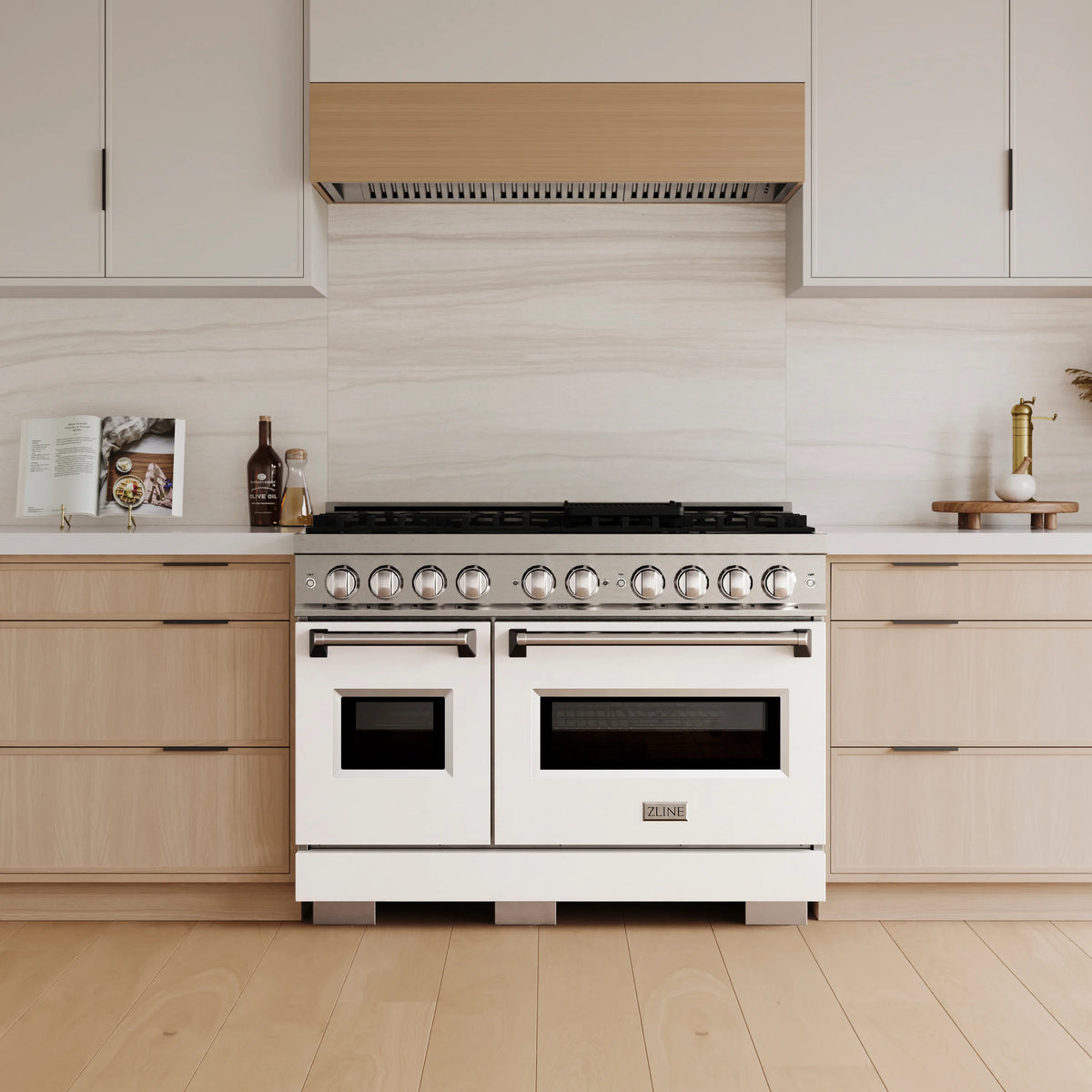 ZLINE 48-Inch Classic Series Dual Fuel Range with 8 Burner Gas Cooktop and 6.7 Cu. Ft. Electric Convection Oven in Stainless Steel with White Matte Doors in a kitchen