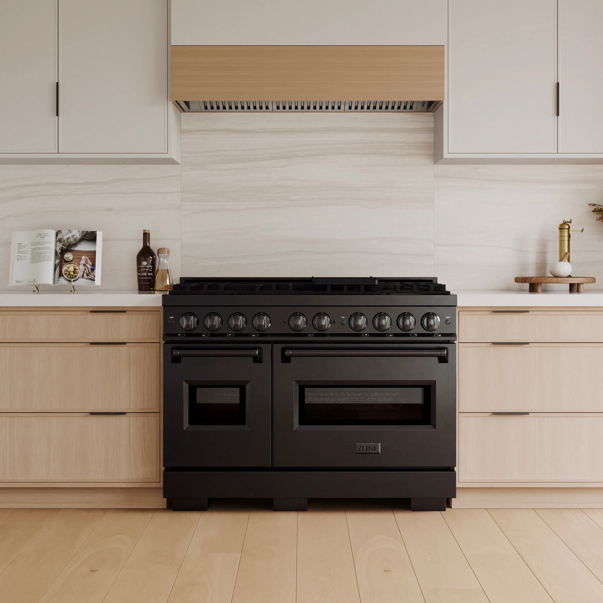 ZLINE 48-Inch 6.7 Cu. Ft. Classic Dual Fuel Range with 8 Burner DuoPro™ Cooktop and Dual Ovens in Black Stainless Steel in a kitchen