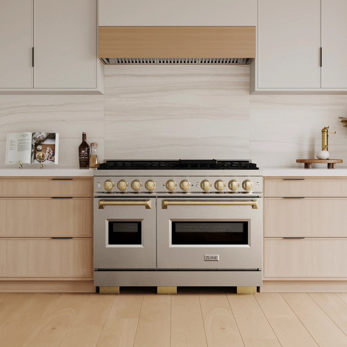 ZLINE Autograph Edition 48-Inch Classic Series Gas Range with 8 Gas Burner Cooktop and 6.7 Cu. Ft. Gas Convection Oven in Stainless Steel and Champagne Bronze Accents (CGRZ-48-CB)