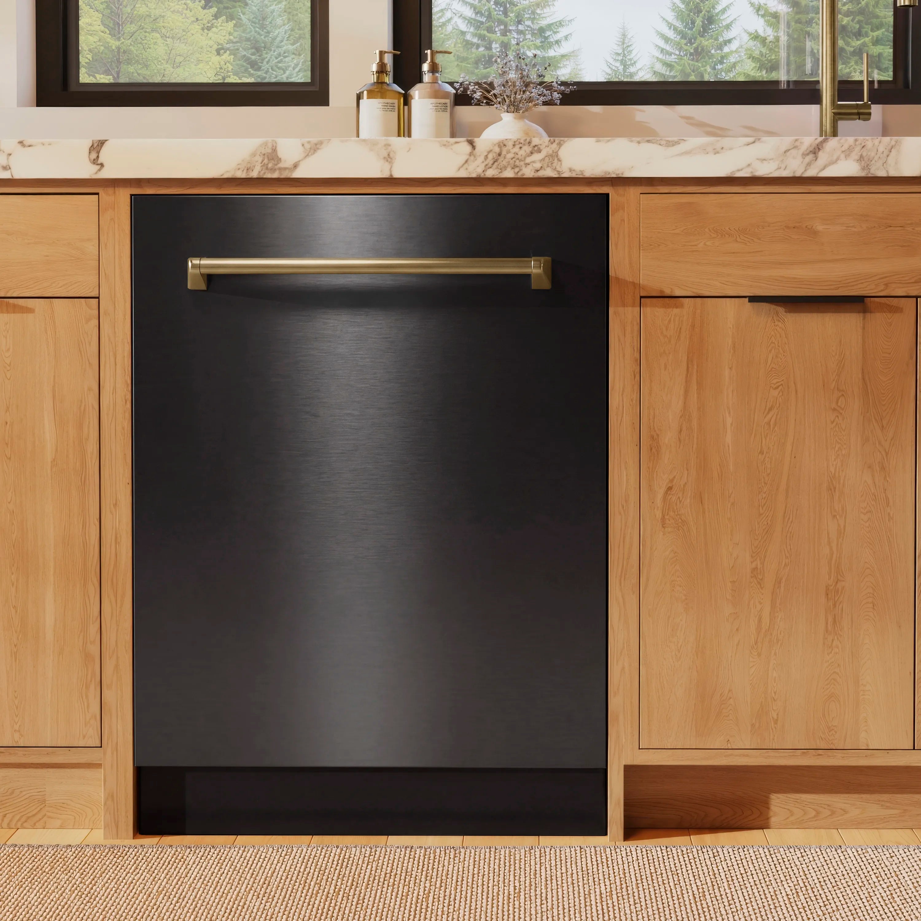 Built-in dishwasher door in black stainless steel with champagne bronze handle