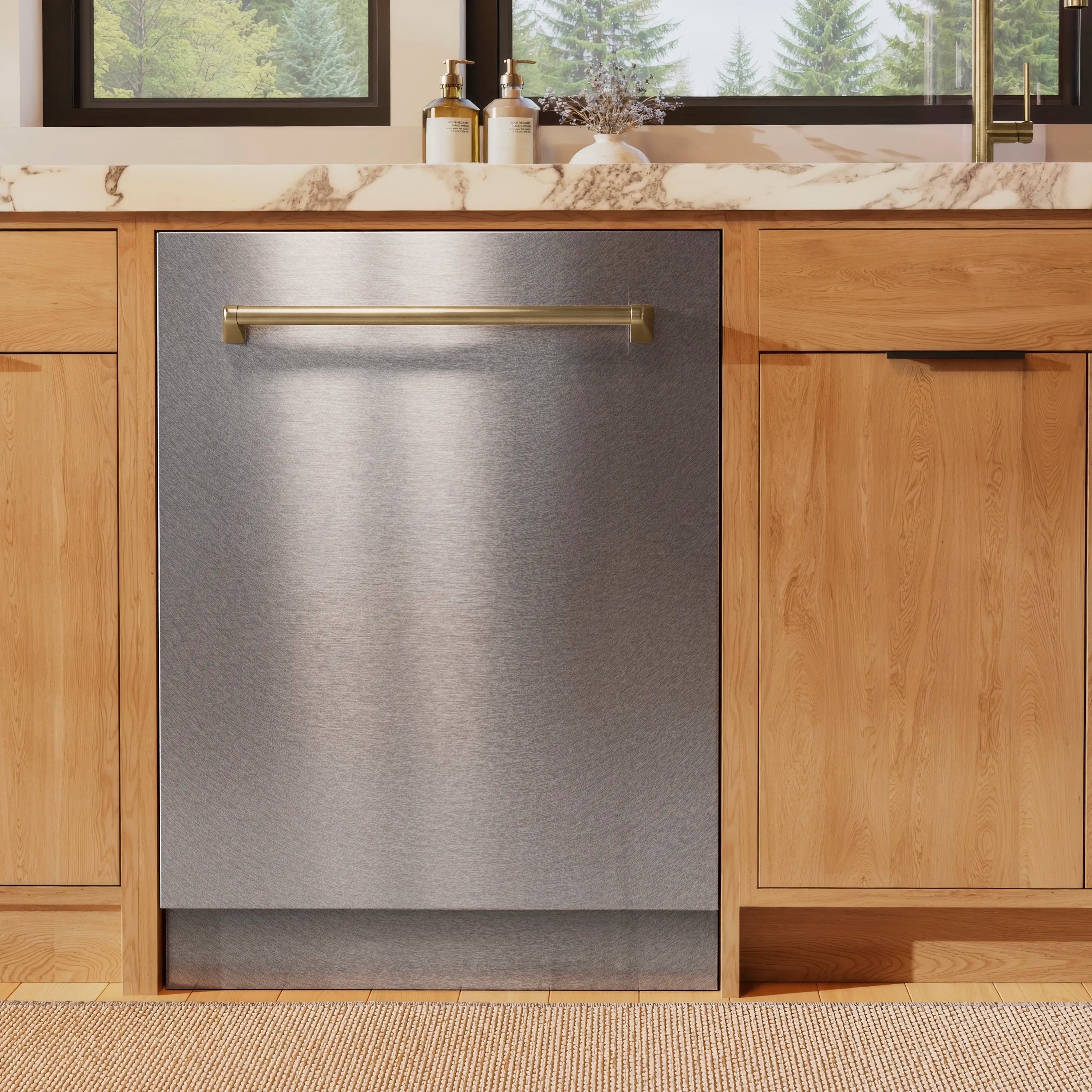 Satin stainless steel dishwasher door with champagne bronze handle