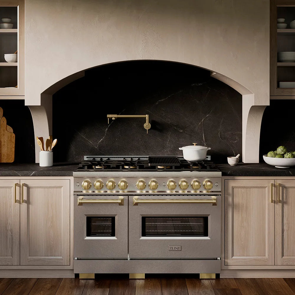 ZLINE Autograph Edition 48-Inch Classic Gas Range with DuoPro™ Cooktop and Dual Ovens in Satin Steel and Bronze Accents in a kitchen