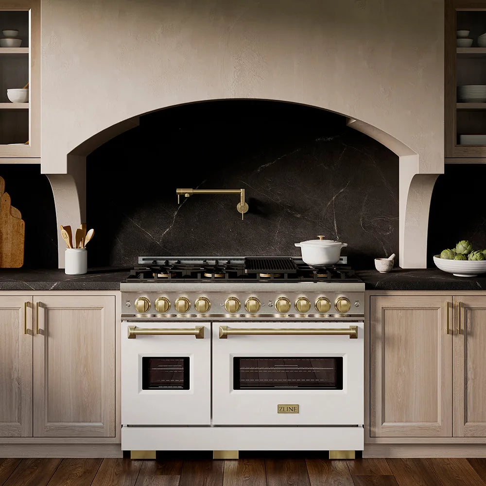 ZLINE Autograph Edition 48-Inch Classic Series Gas Range with 8 Gas Burner Cooktop and 6.7 Cu. Ft. Gas Convection Oven in Satin Stainless Steel with White Matte Doors and Champagne Bronze Accents in a kitchen